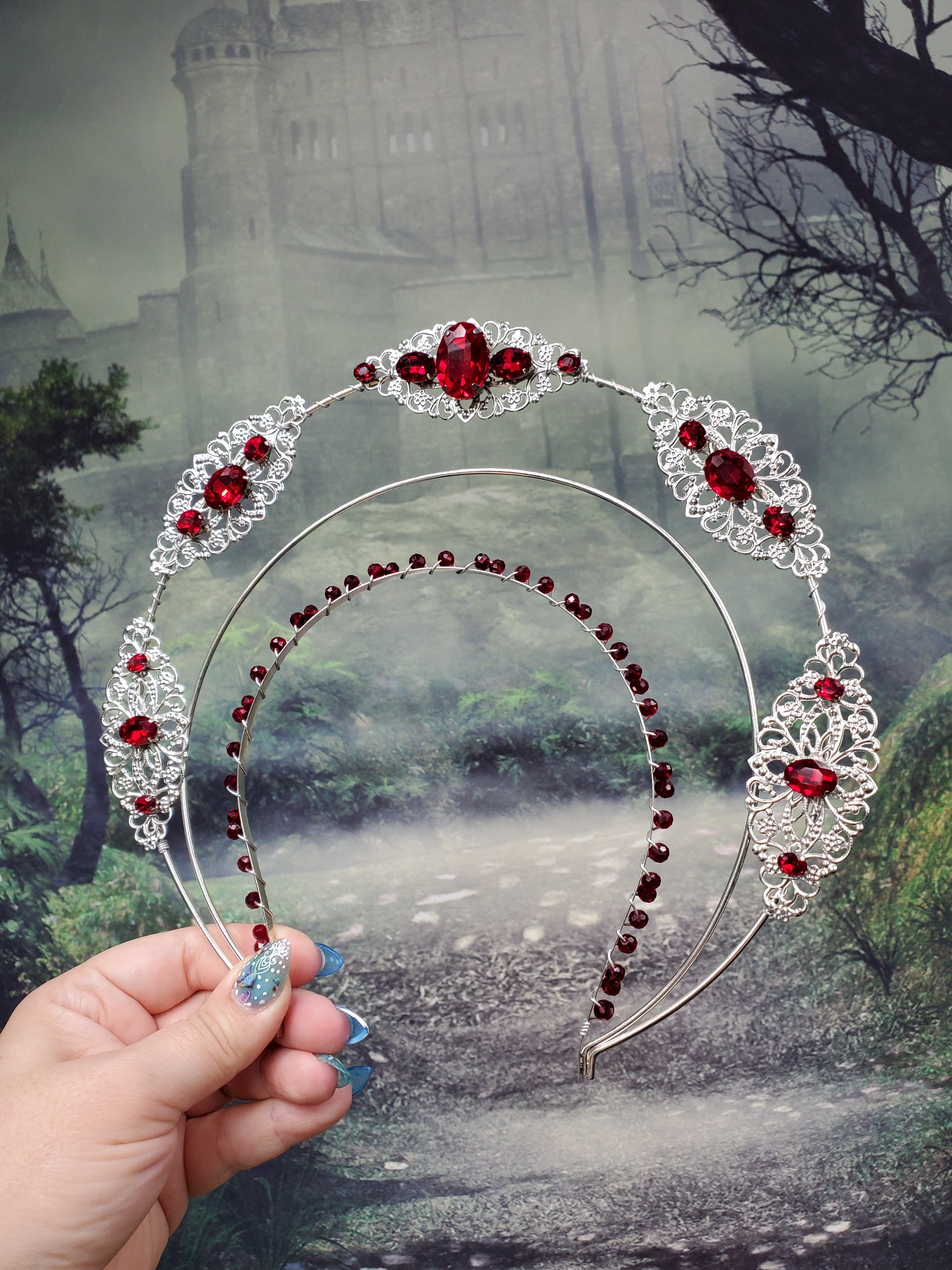 Jeweled Silver Filigree Halo Crown in Ruby Red