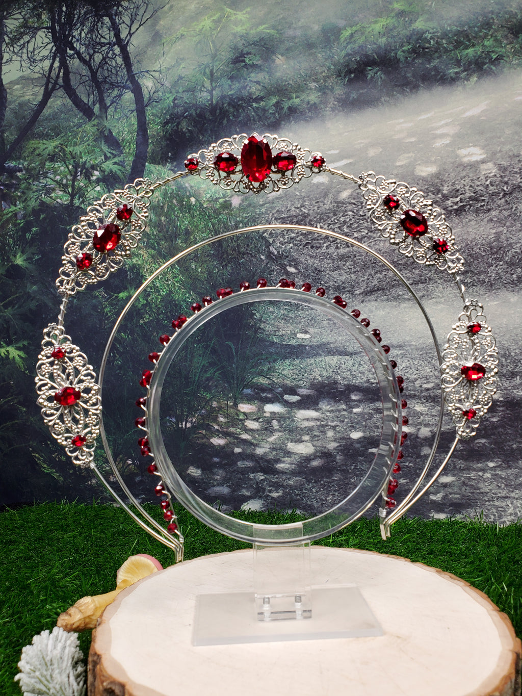 Jeweled Silver Filigree Halo Crown in Ruby Red