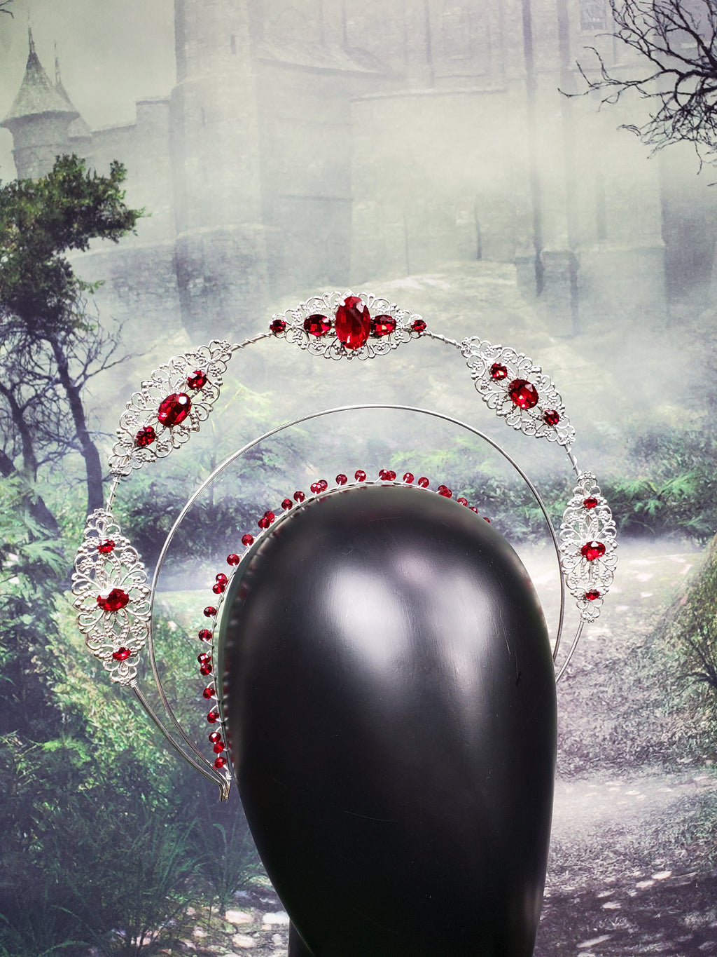 Jeweled Silver Filigree Halo Crown in Ruby Red