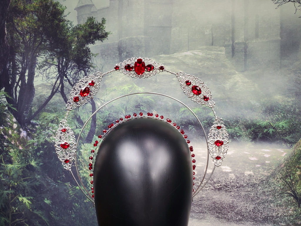 Jeweled Silver Filigree Halo Crown in Ruby Red