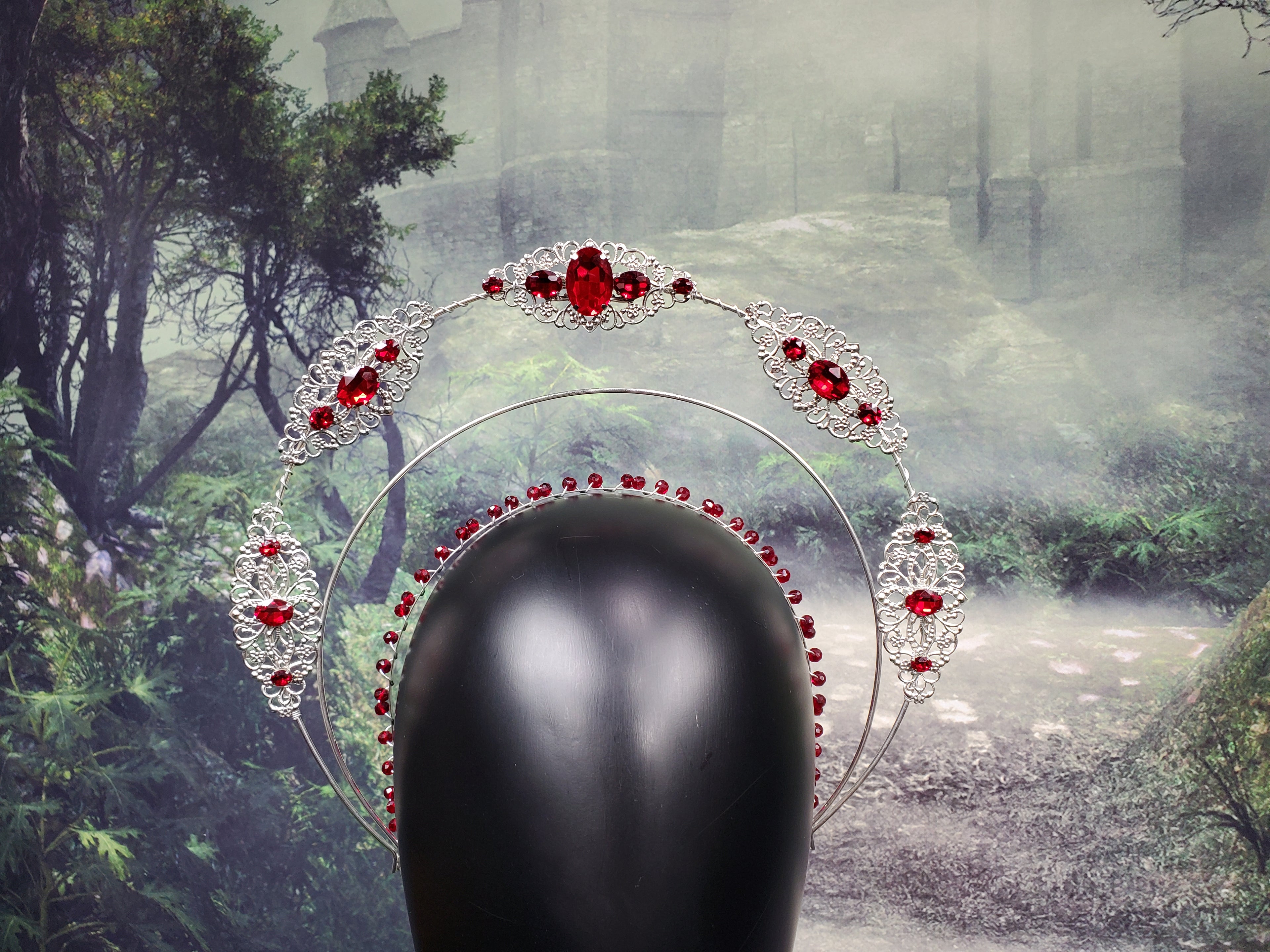 Jeweled Silver Filigree Halo Crown in Ruby Red
