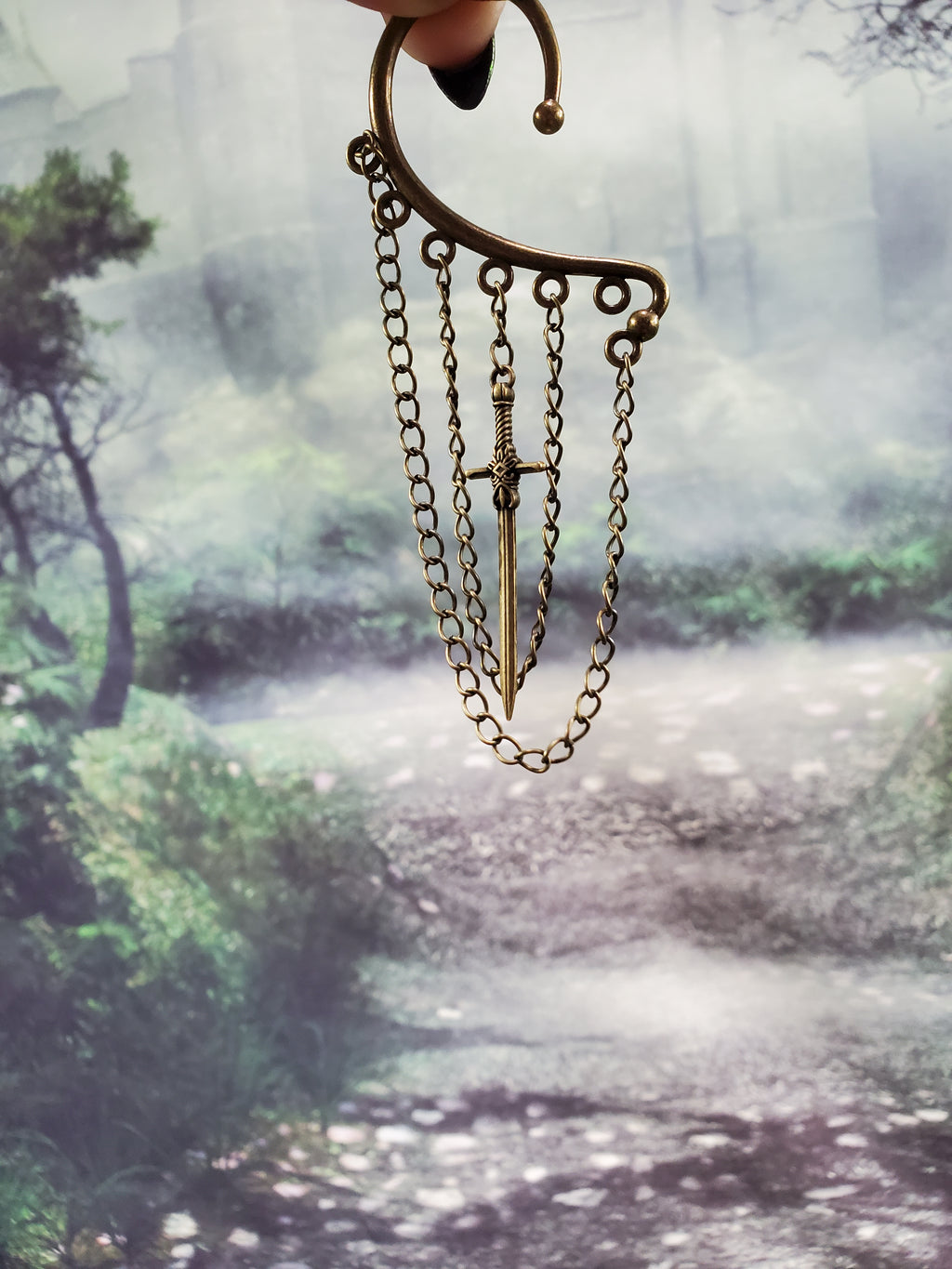 Bronze Sword Ear Cuff - Dangle Chain Earring