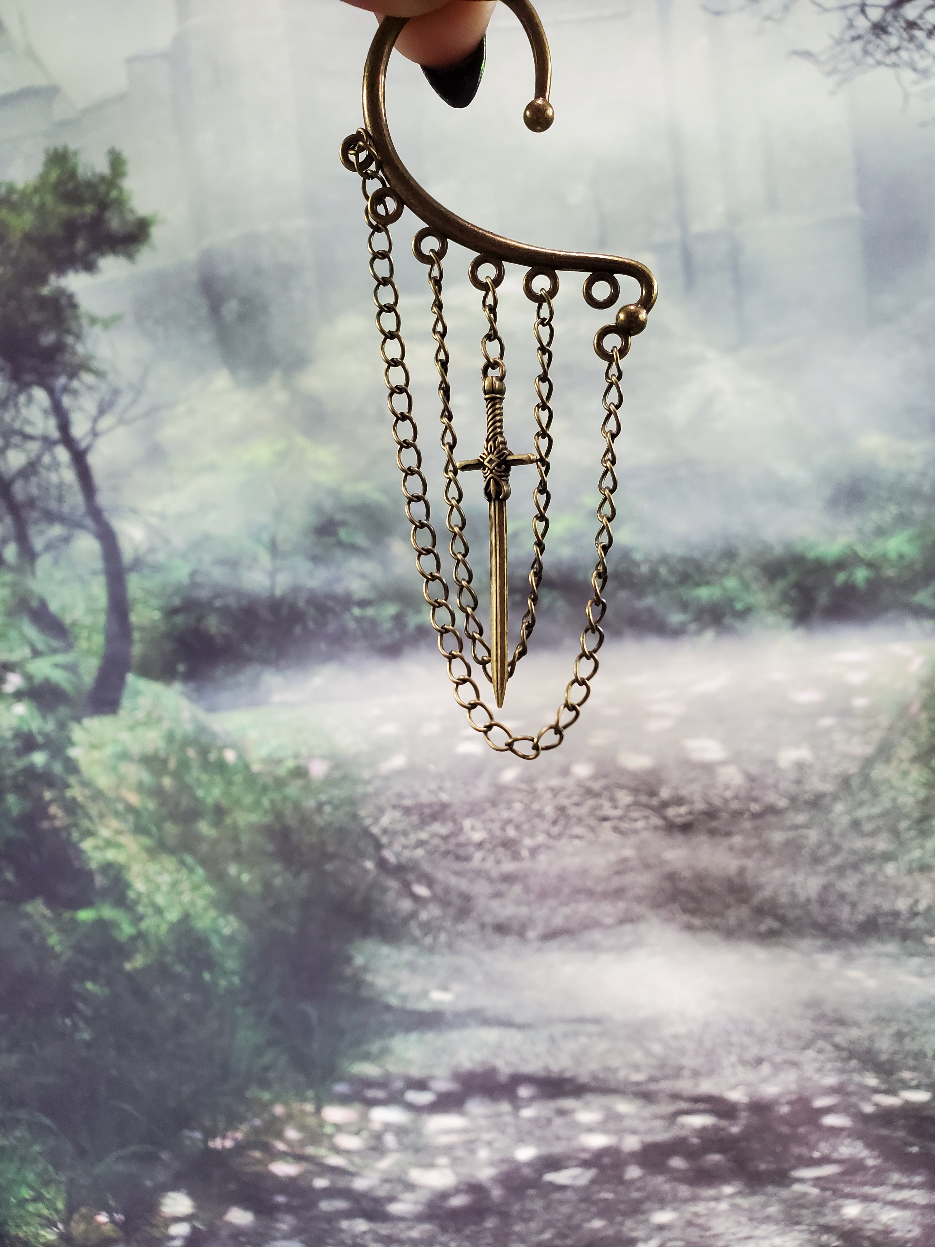 Bronze Sword Ear Cuff - Dangle Chain Earring