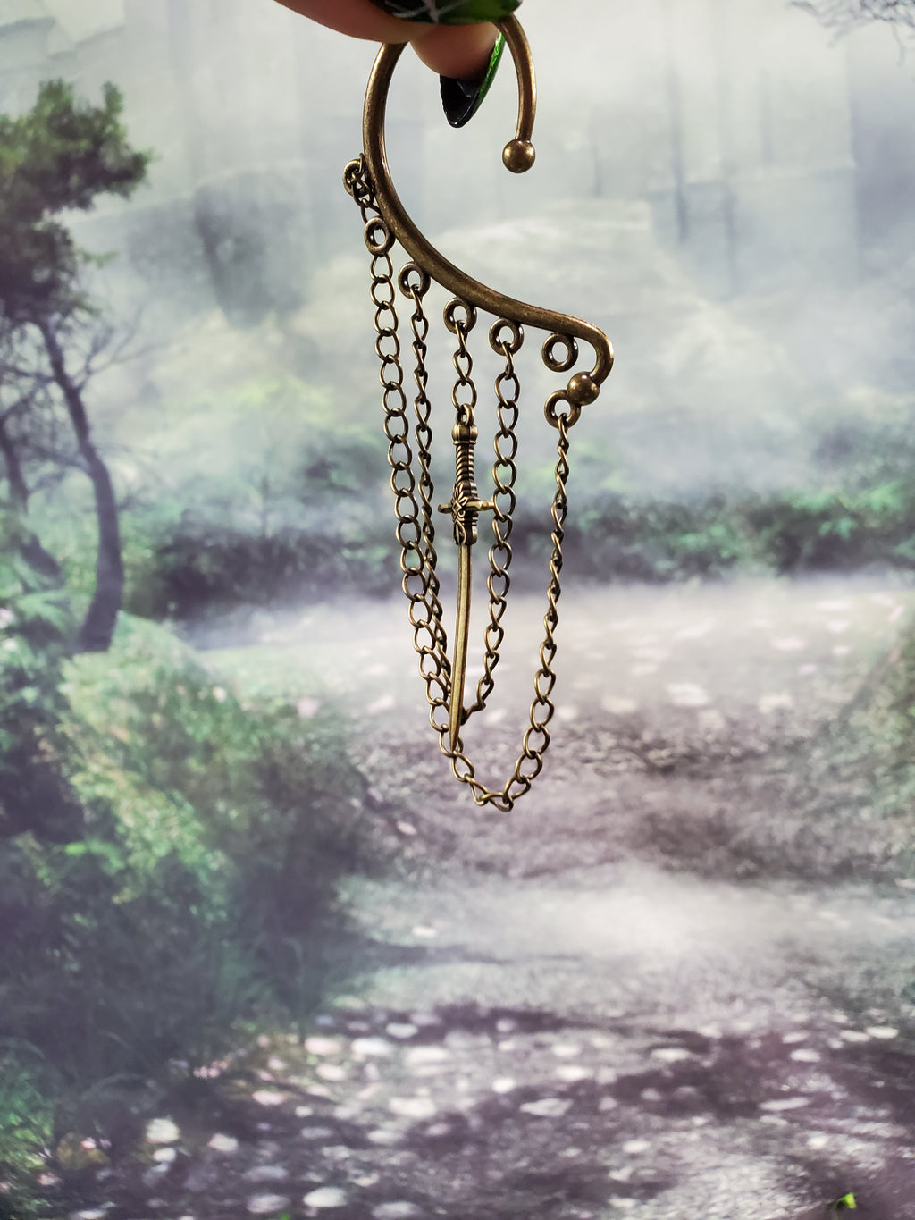 Bronze Sword Ear Cuff - Dangle Chain Earring