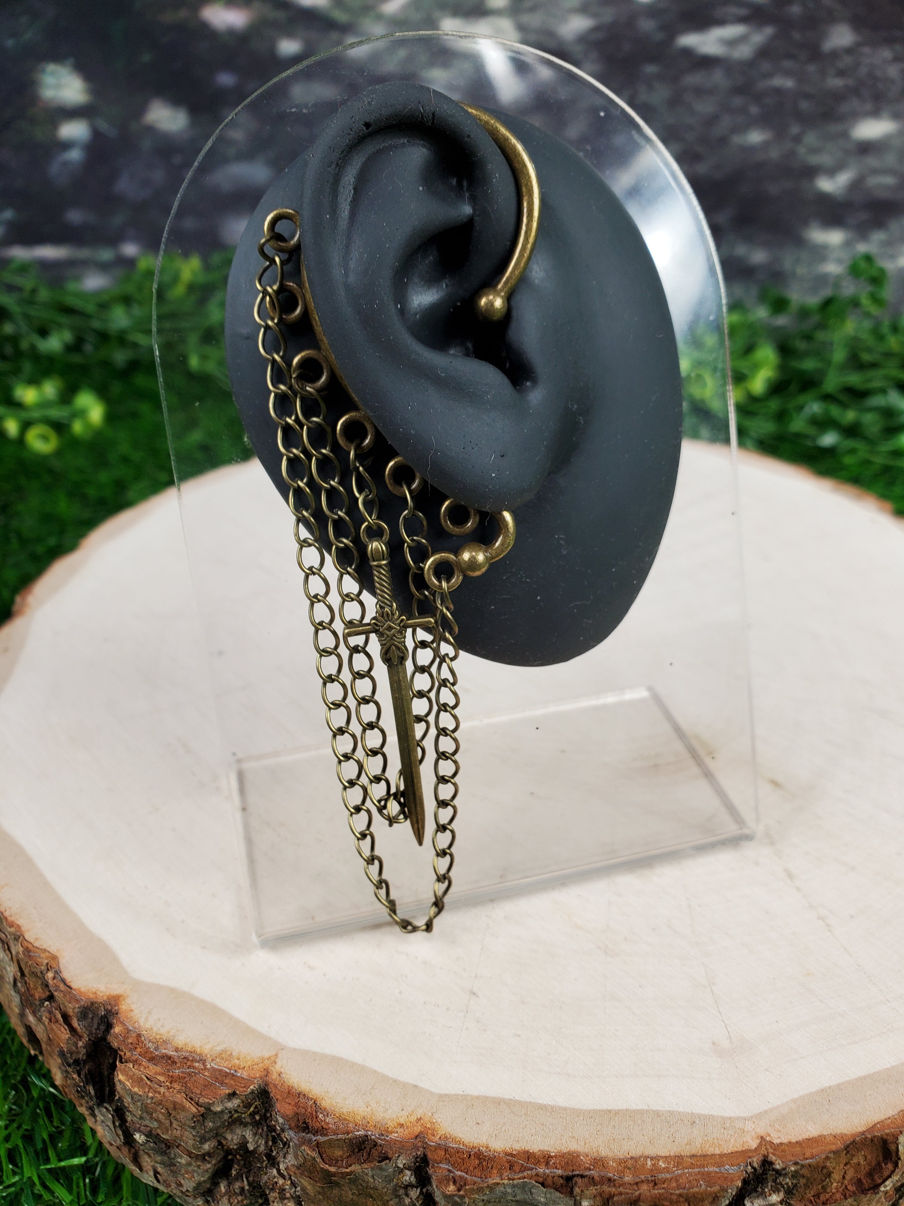 Bronze Sword Ear Cuff - Dangle Chain Earring