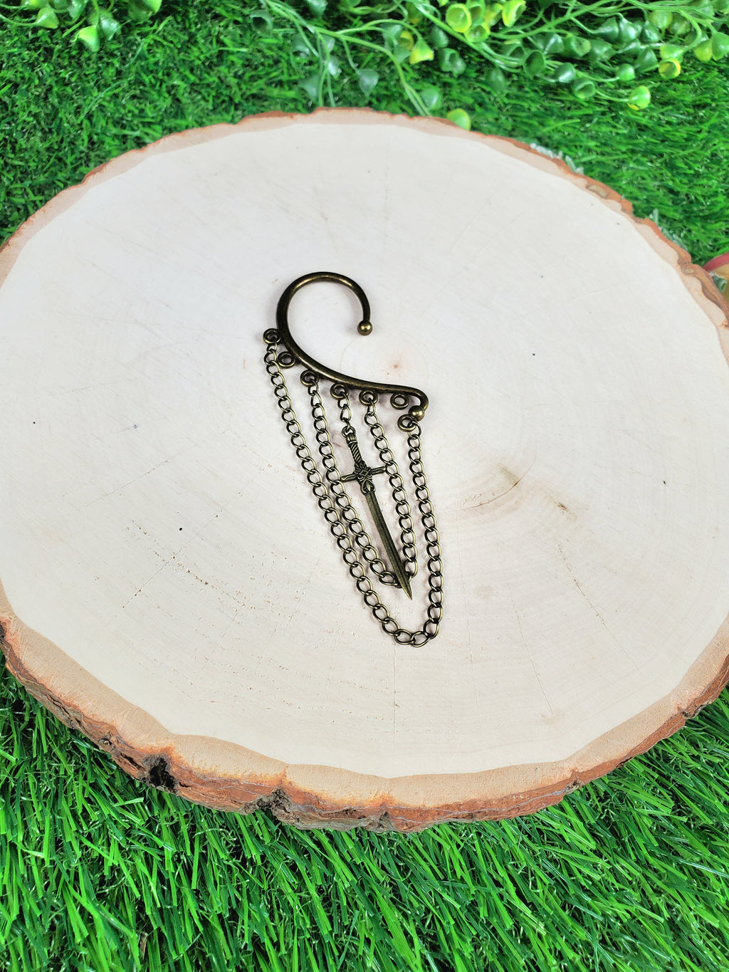 Bronze Sword Ear Cuff - Dangle Chain Earring