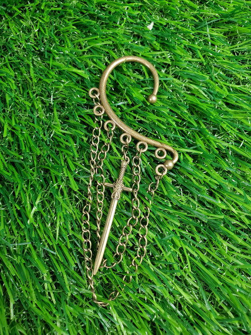 Bronze Sword Ear Cuff - Dangle Chain Earring