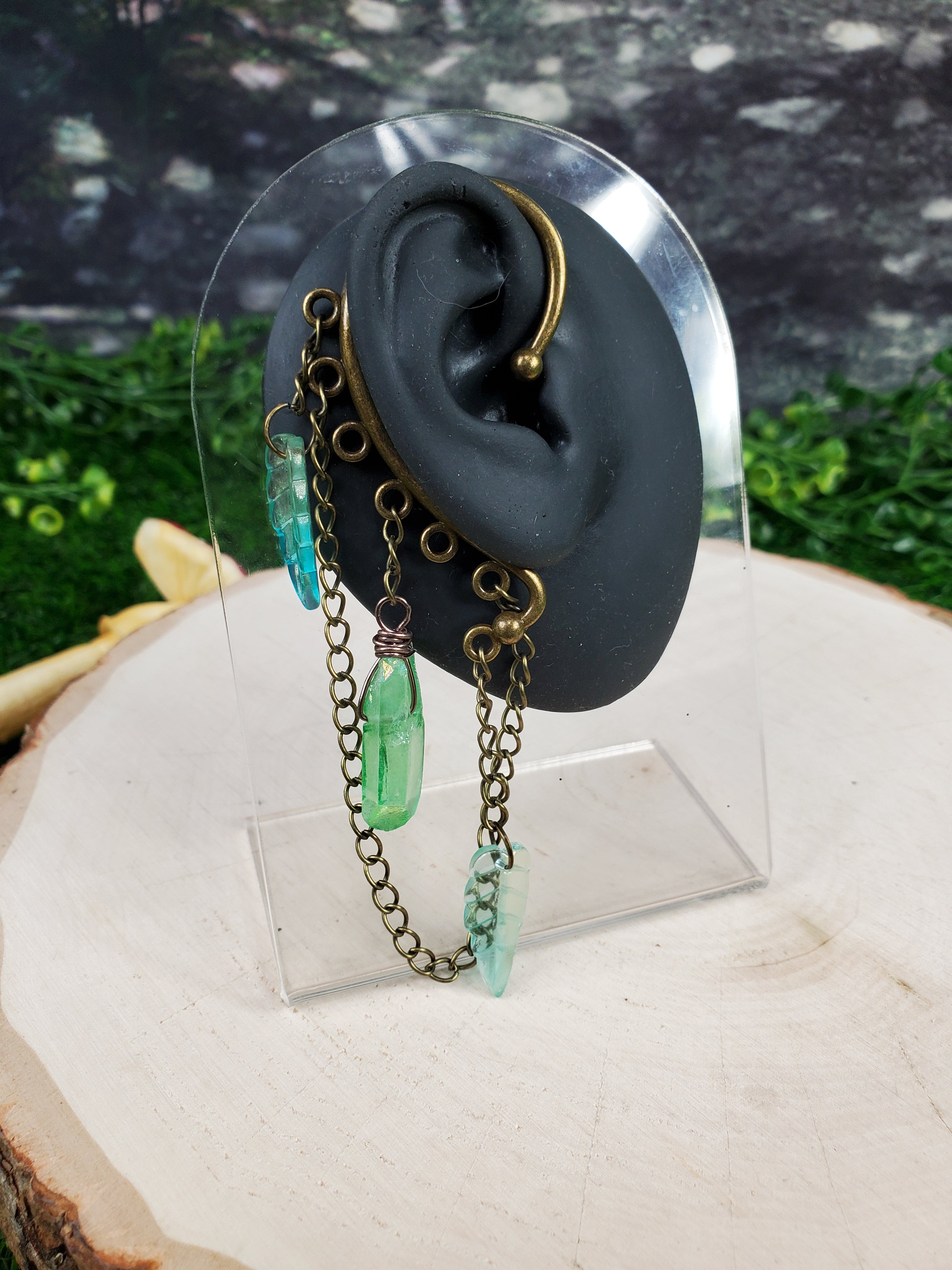 Crystal Point and Leaves Ear Cuffs - Bronze Ear Cuffs - Dangle Chain Earring