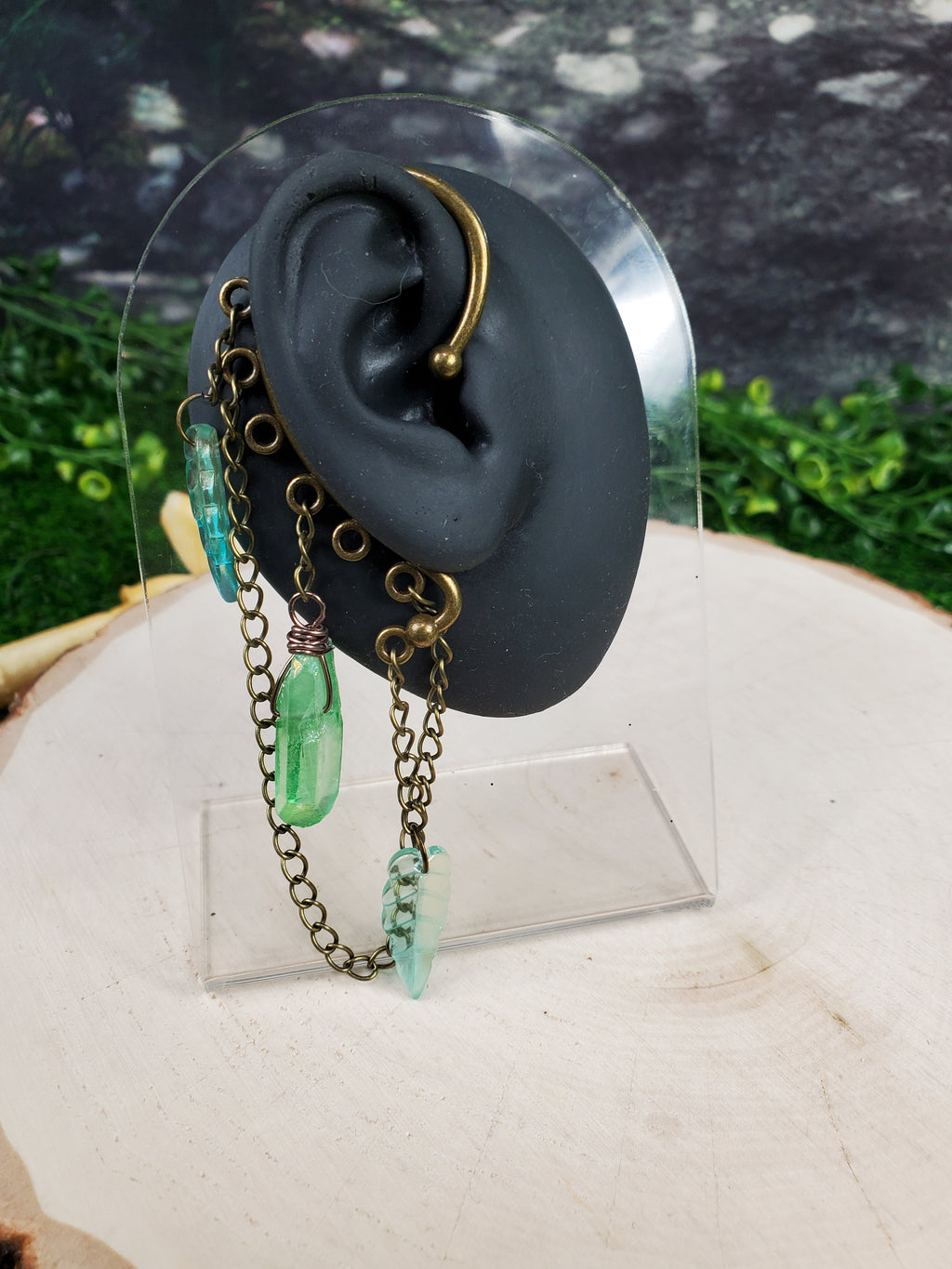 Crystal Point and Leaves Ear Cuffs - Bronze Ear Cuffs - Dangle Chain Earring