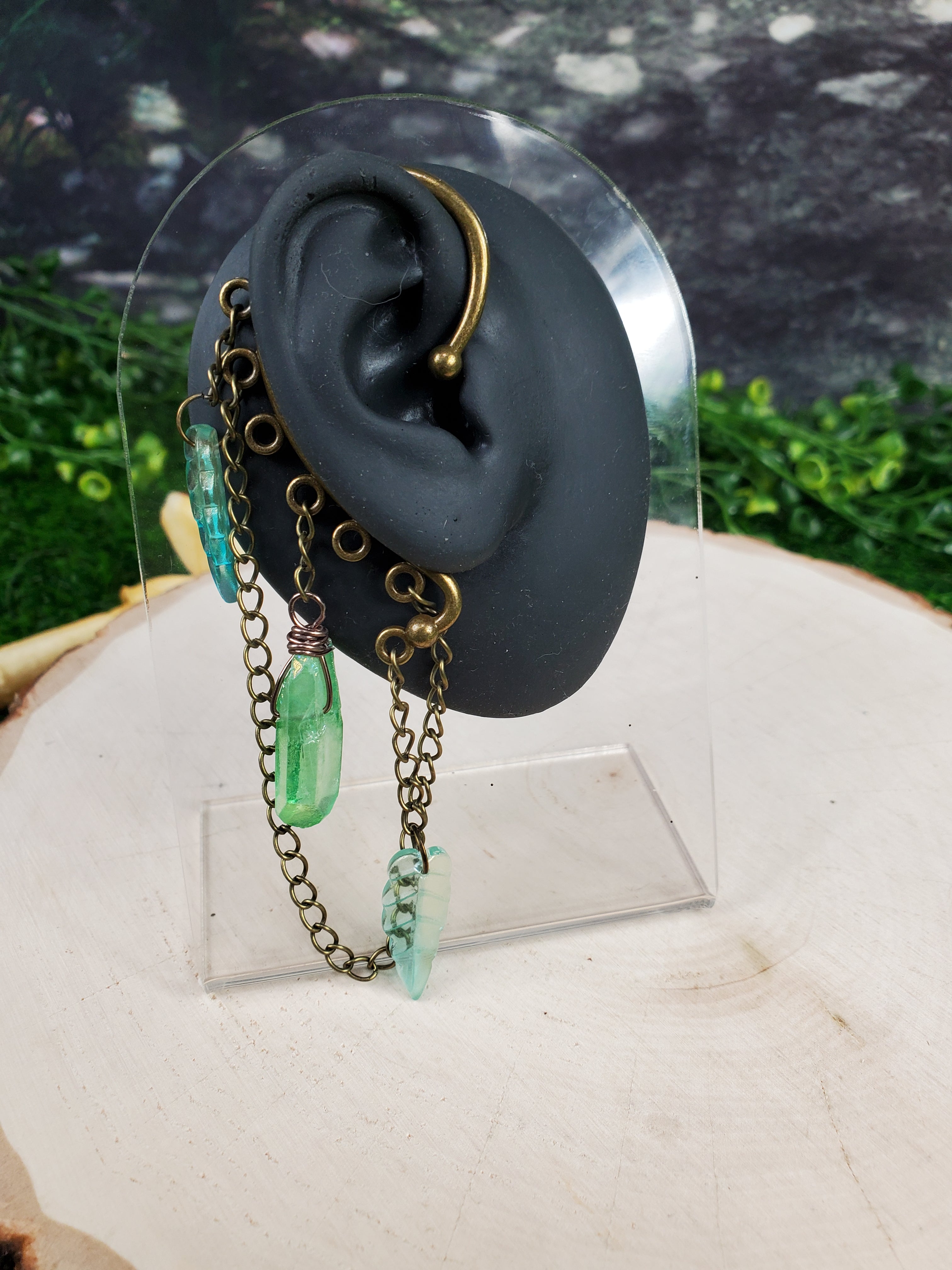 Crystal Point and Leaves Ear Cuffs - Bronze Ear Cuffs - Dangle Chain Earring