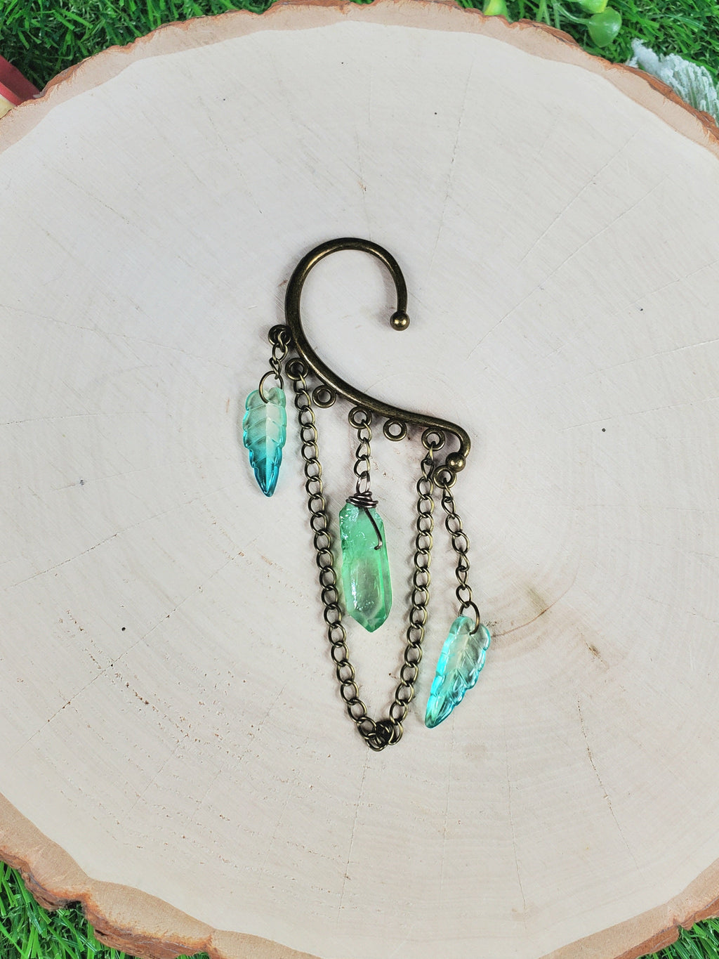 Crystal Point and Leaves Ear Cuffs - Bronze Ear Cuffs - Dangle Chain Earring