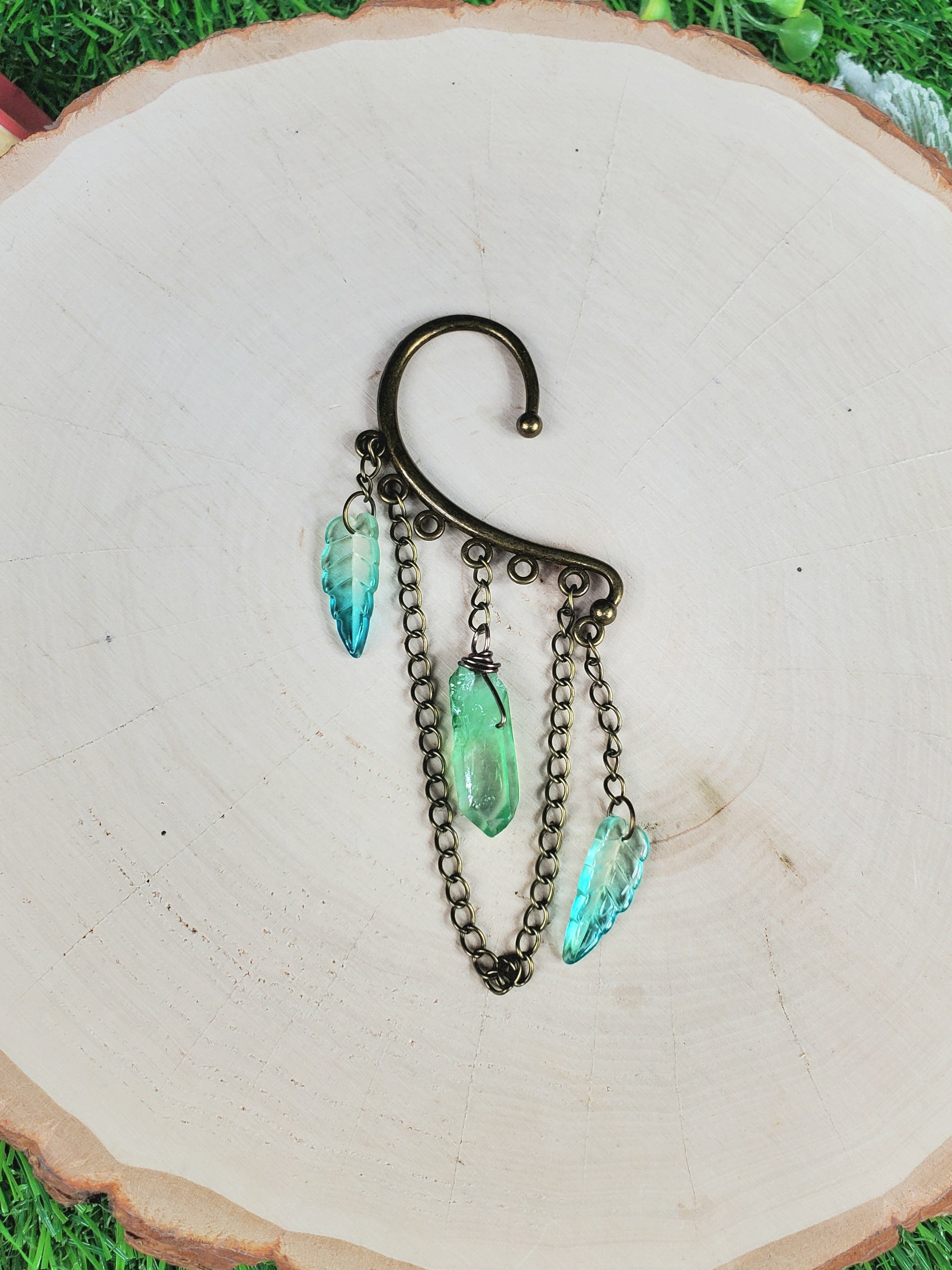 Crystal Point and Leaves Ear Cuffs - Bronze Ear Cuffs - Dangle Chain Earring