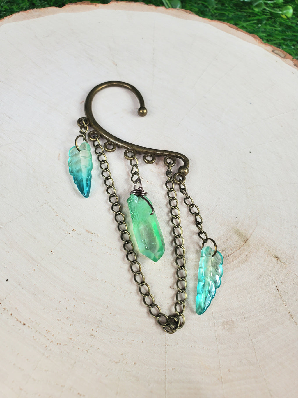 Crystal Point and Leaves Ear Cuffs - Bronze Ear Cuffs - Dangle Chain Earring