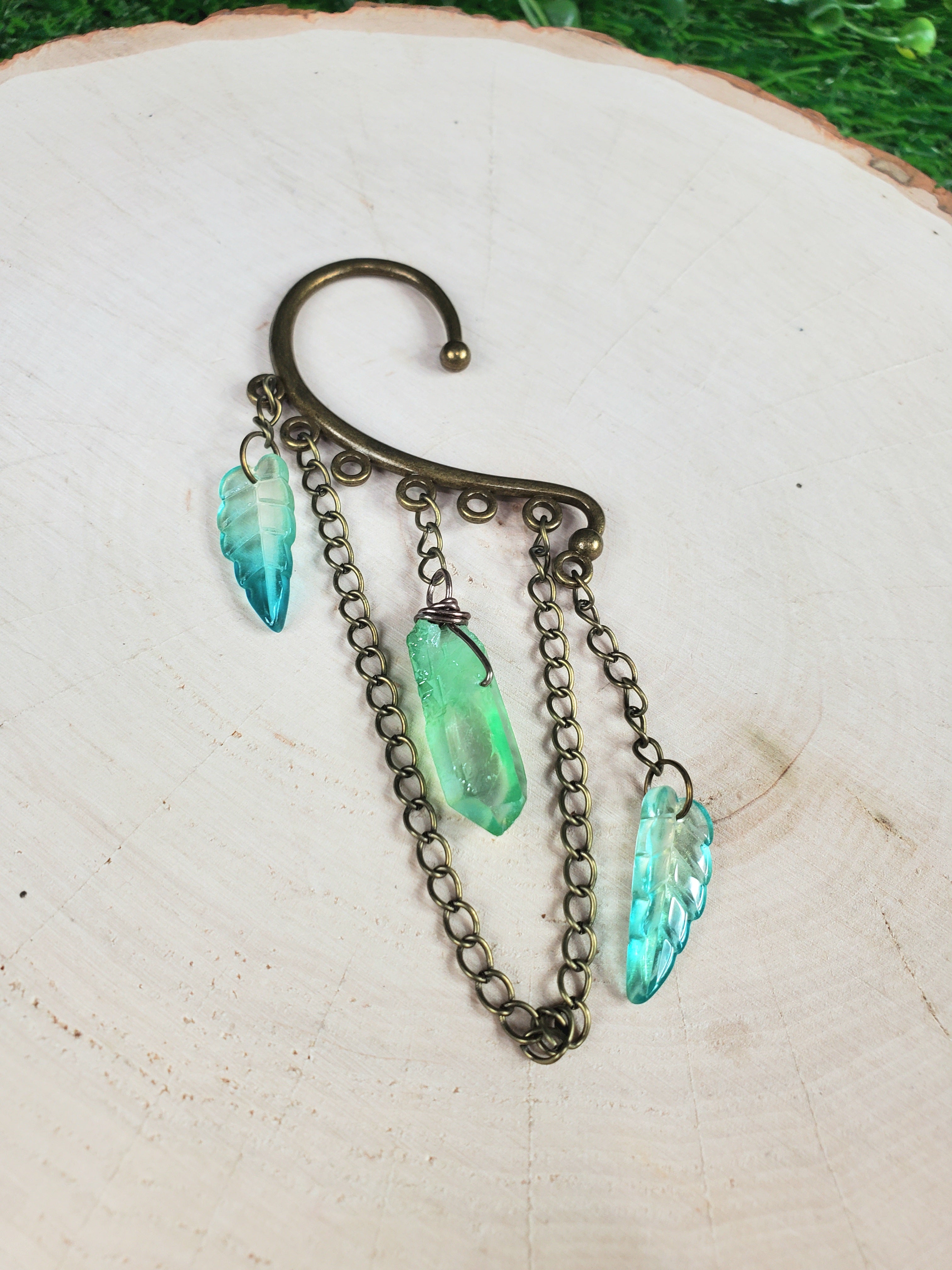 Crystal Point and Leaves Ear Cuffs - Bronze Ear Cuffs - Dangle Chain Earring