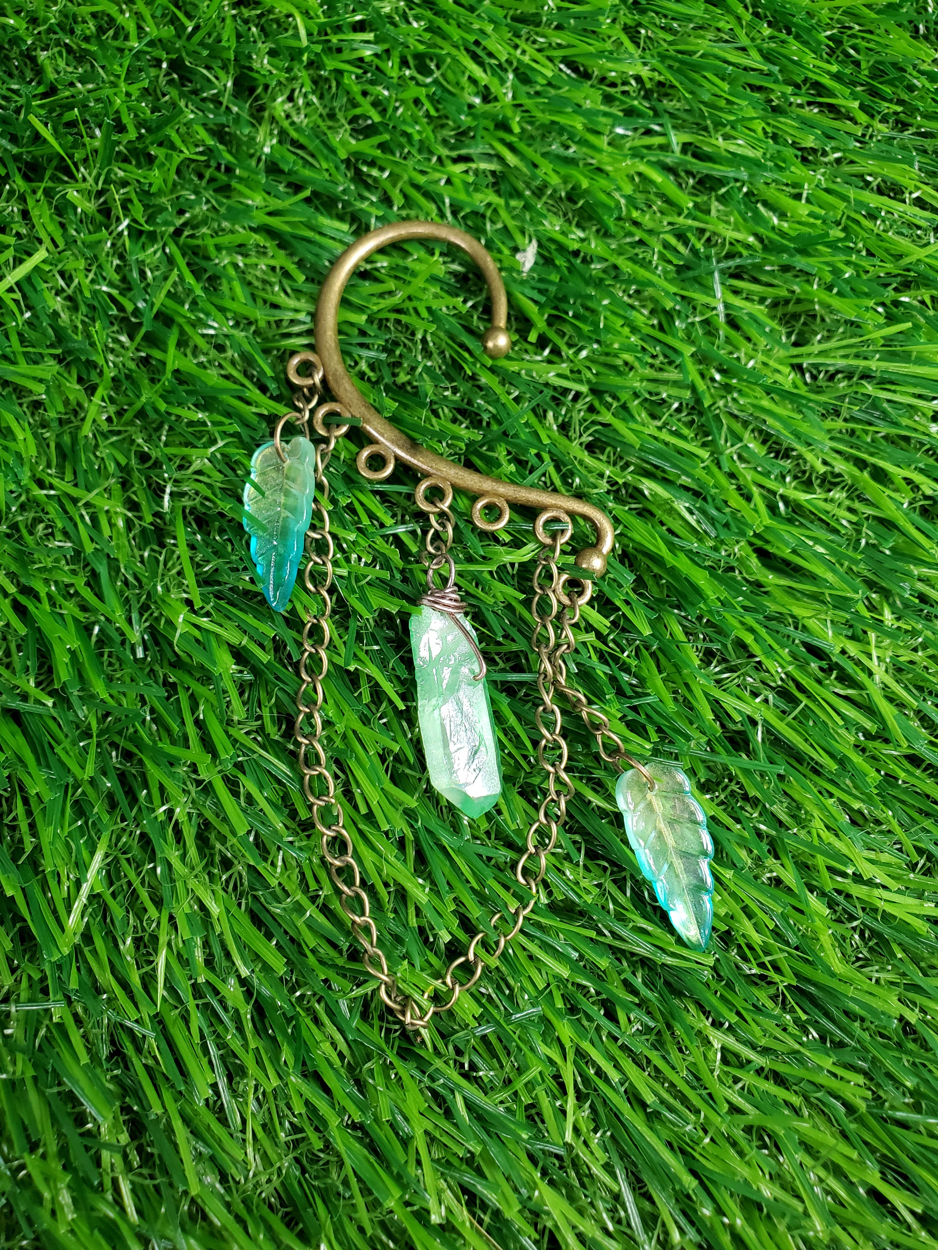 Crystal Point and Leaves Ear Cuffs - Bronze Ear Cuffs - Dangle Chain Earring