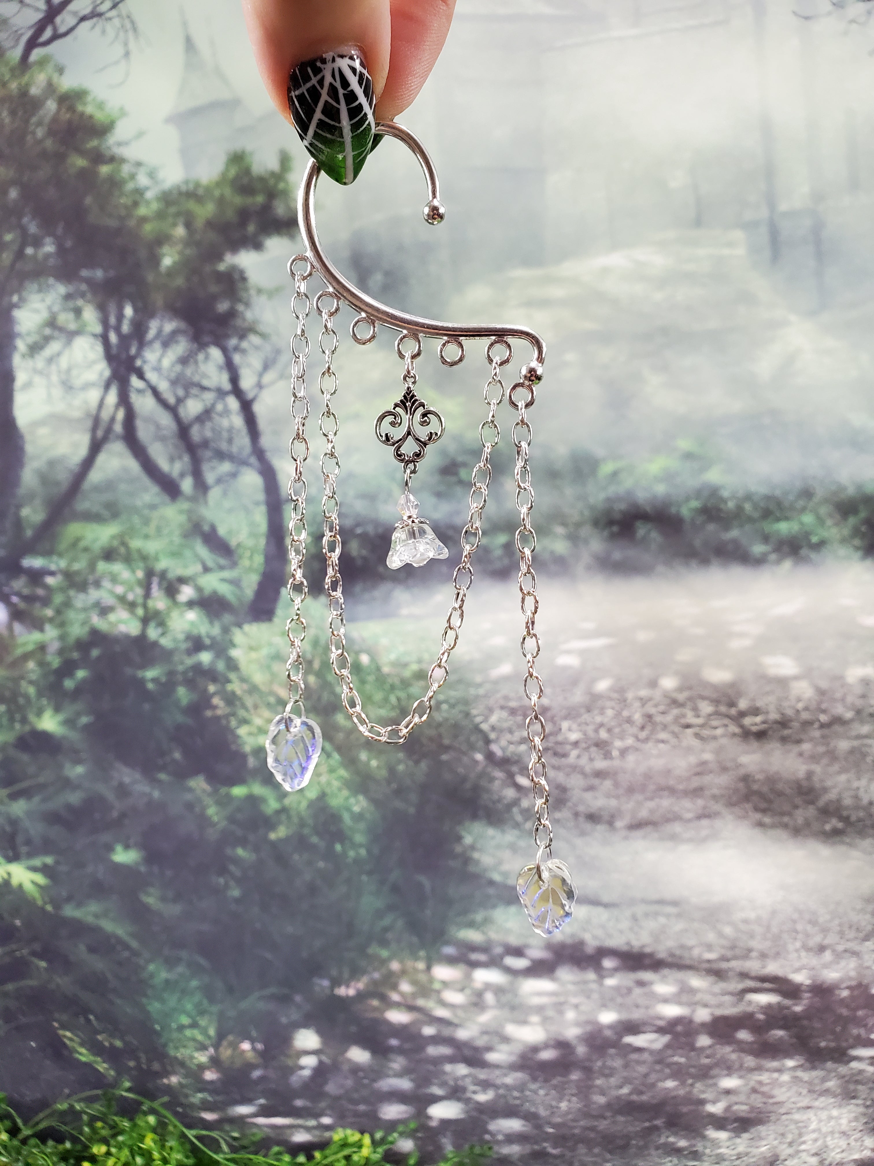 Silver Fairy Flower Bud Ear Cuff - Dangle Chain Earring