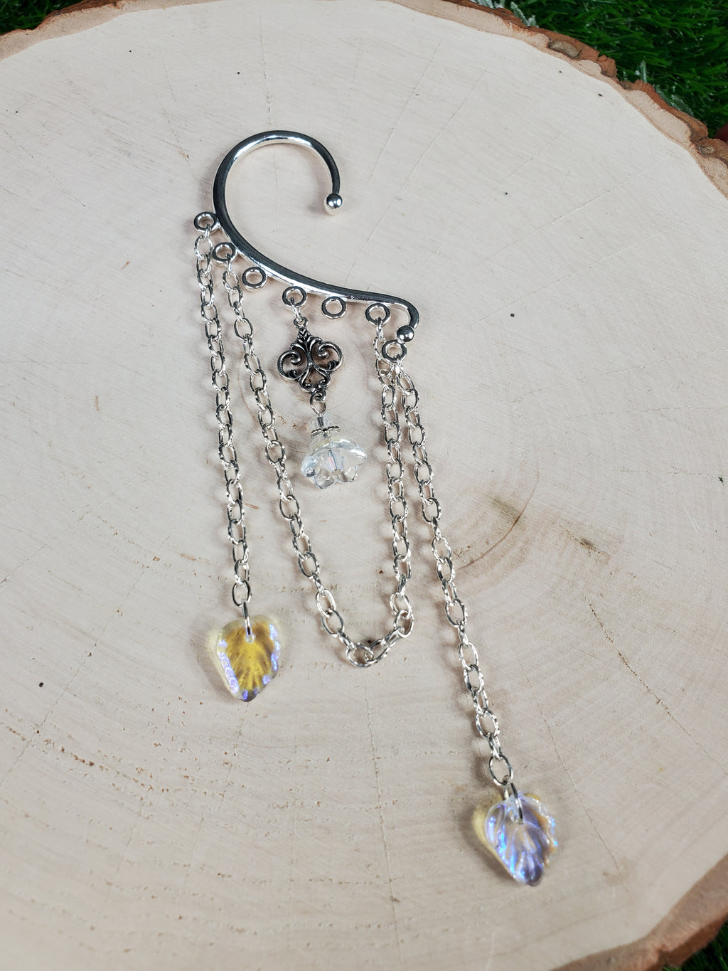 Silver Fairy Flower Bud Ear Cuff - Dangle Chain Earring