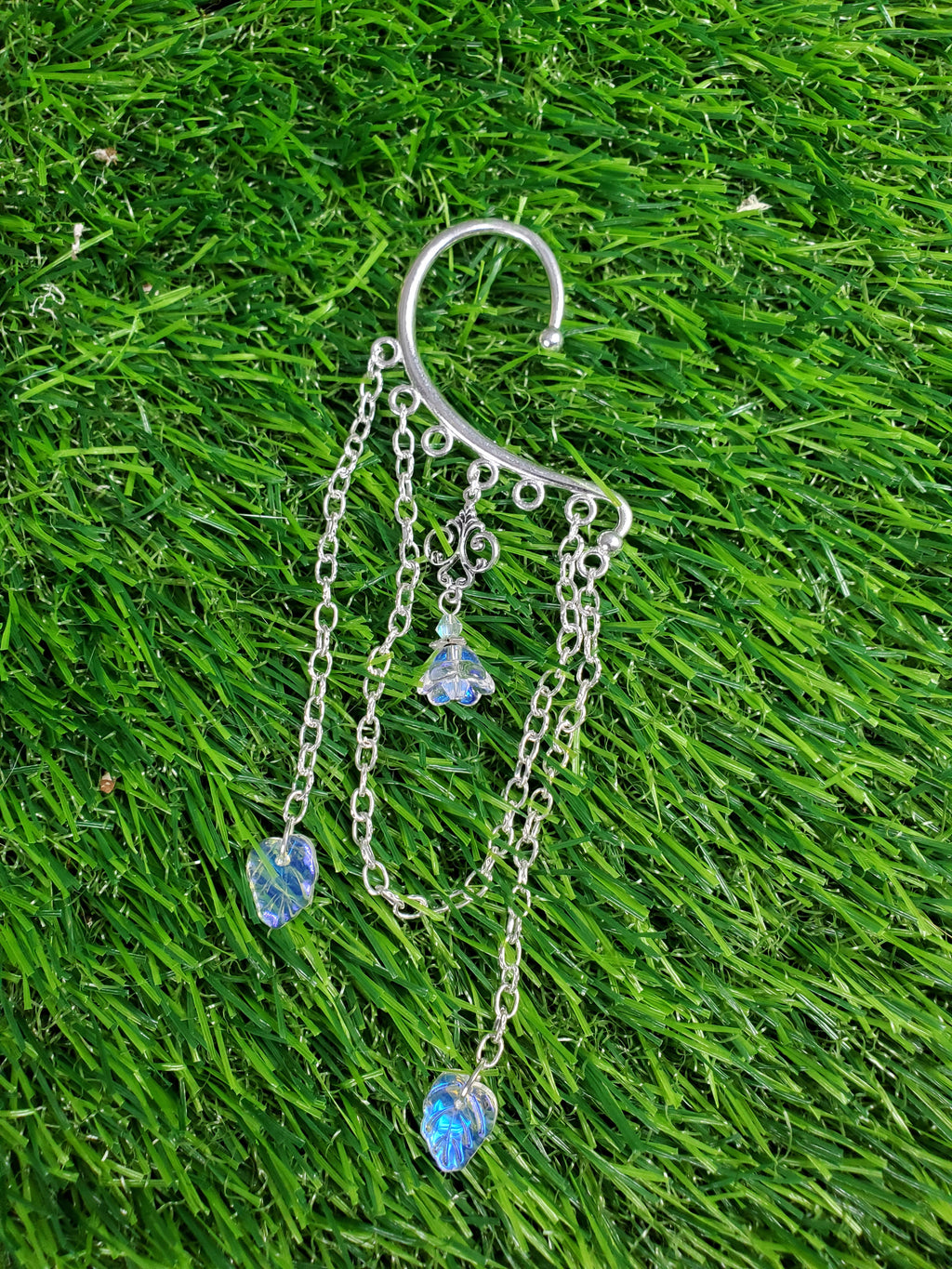 Silver Fairy Flower Bud Ear Cuff - Dangle Chain Earring