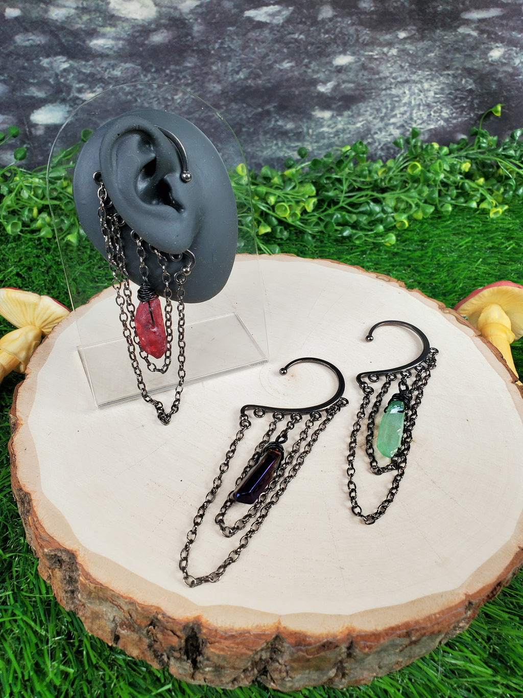 Crystal Point Ear Cuffs - Gunmetal Ear Cuffs - Dangle Chain Earring