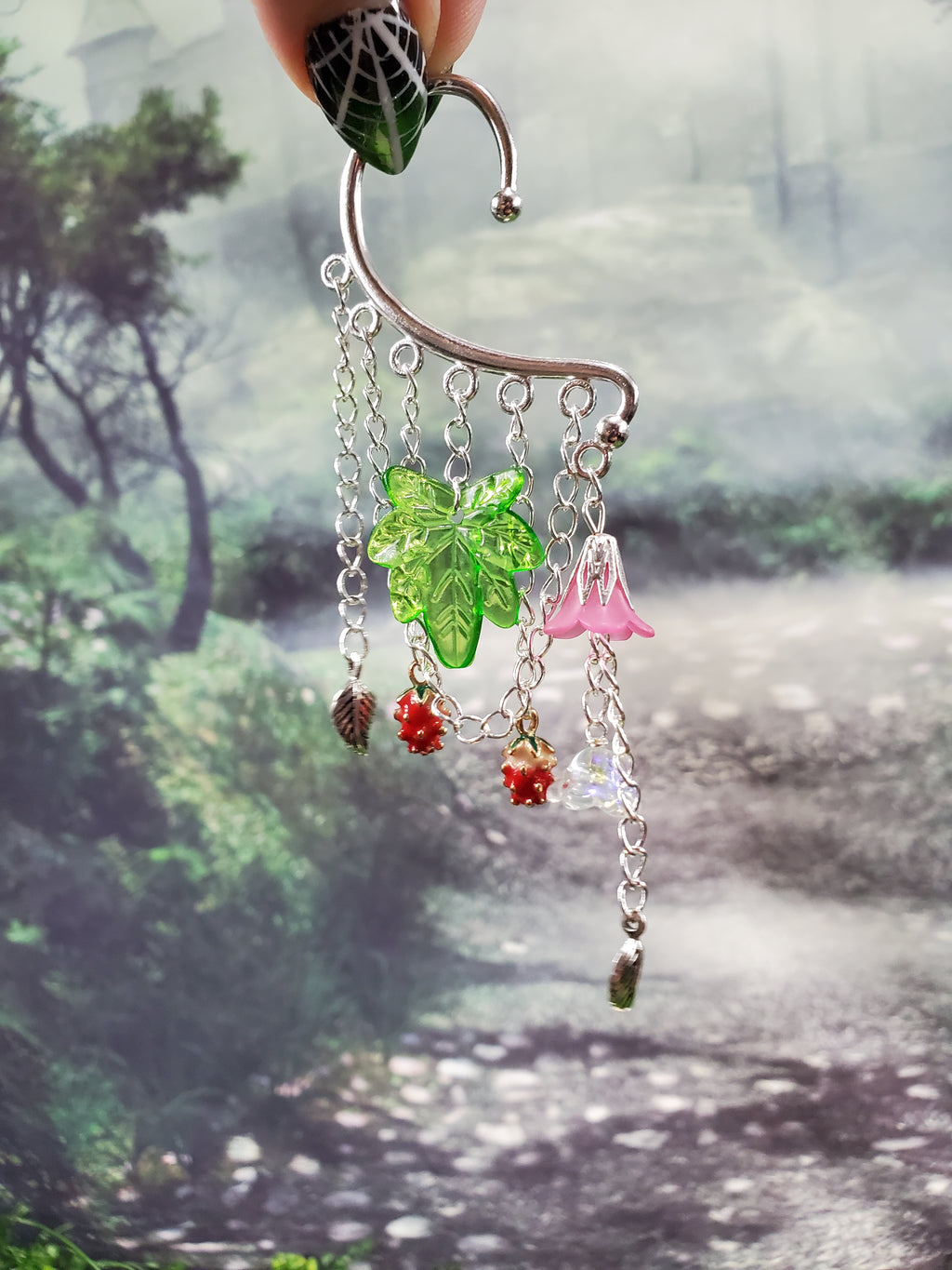 Silver Strawberry Supreme Ear Cuff - Dangle Chain Earring