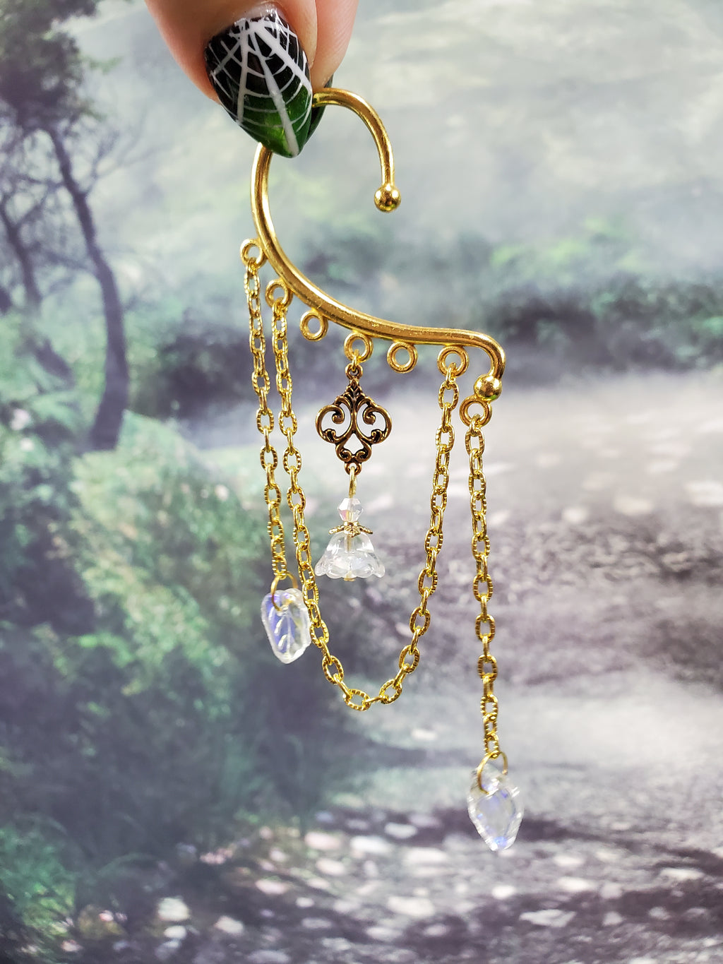 Gold Fairy Flower Bud Ear Cuff - Dangle Chain Earring