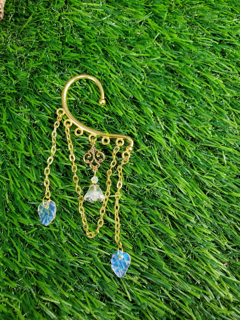 Gold Fairy Flower Bud Ear Cuff - Dangle Chain Earring