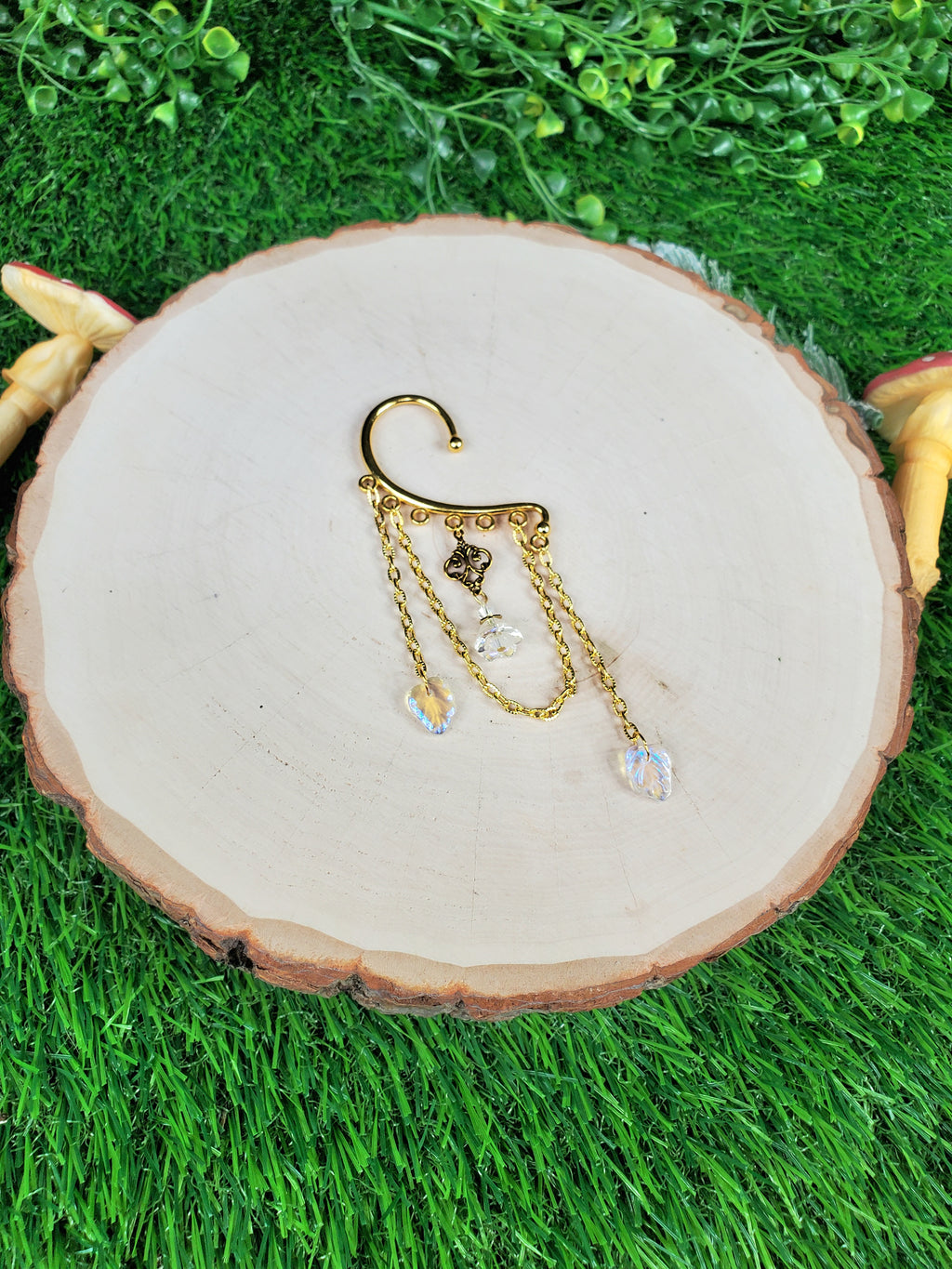 Gold Fairy Flower Bud Ear Cuff - Dangle Chain Earring