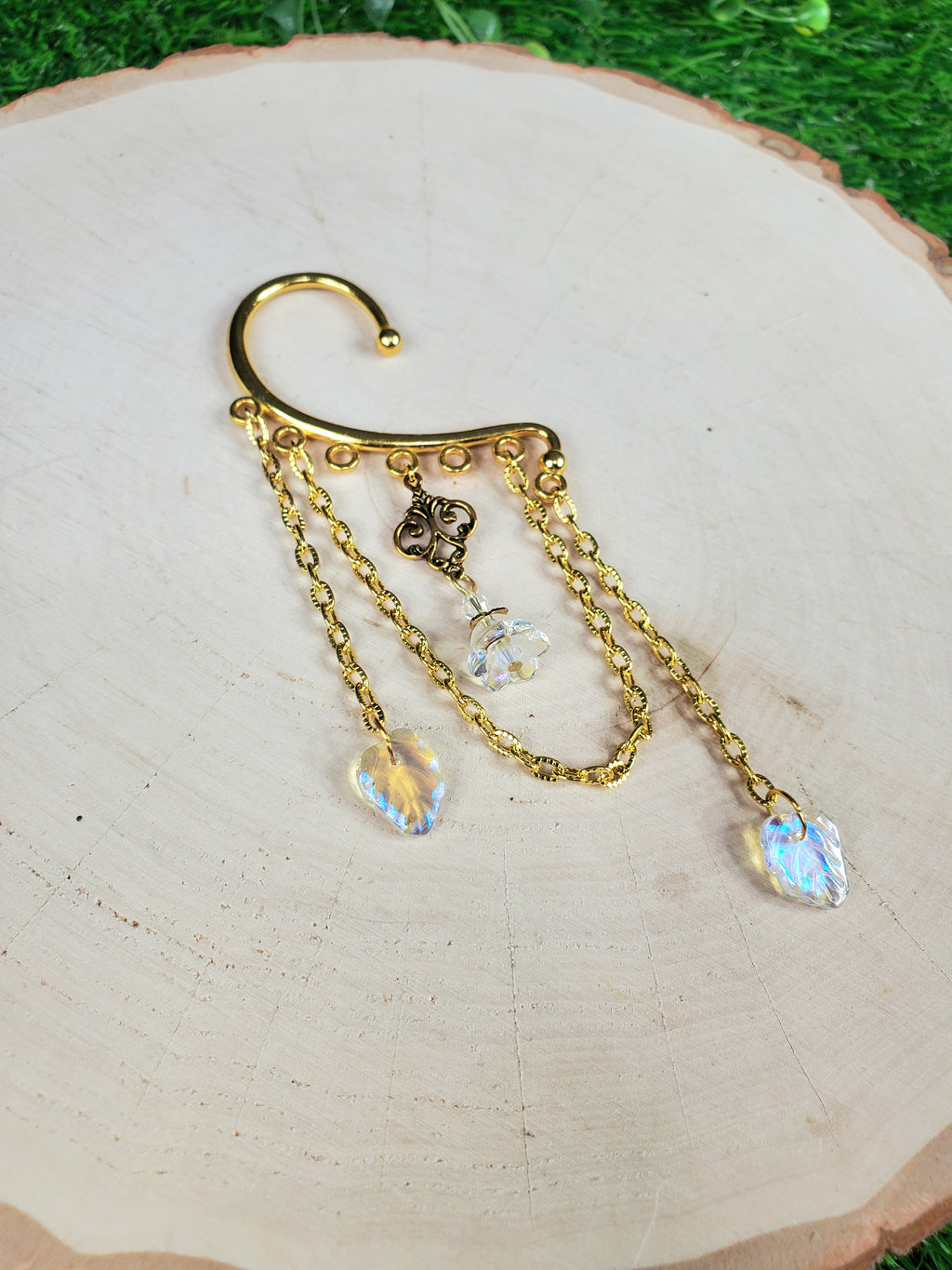 Gold Fairy Flower Bud Ear Cuff - Dangle Chain Earring