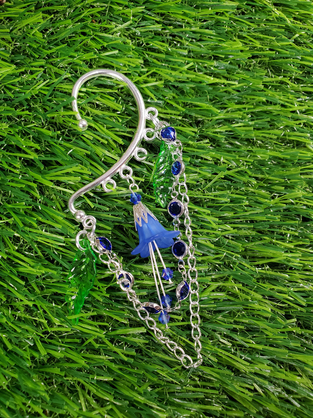 Fairy Flower Ear Cuff in Silver - Flower Dangle Chain
