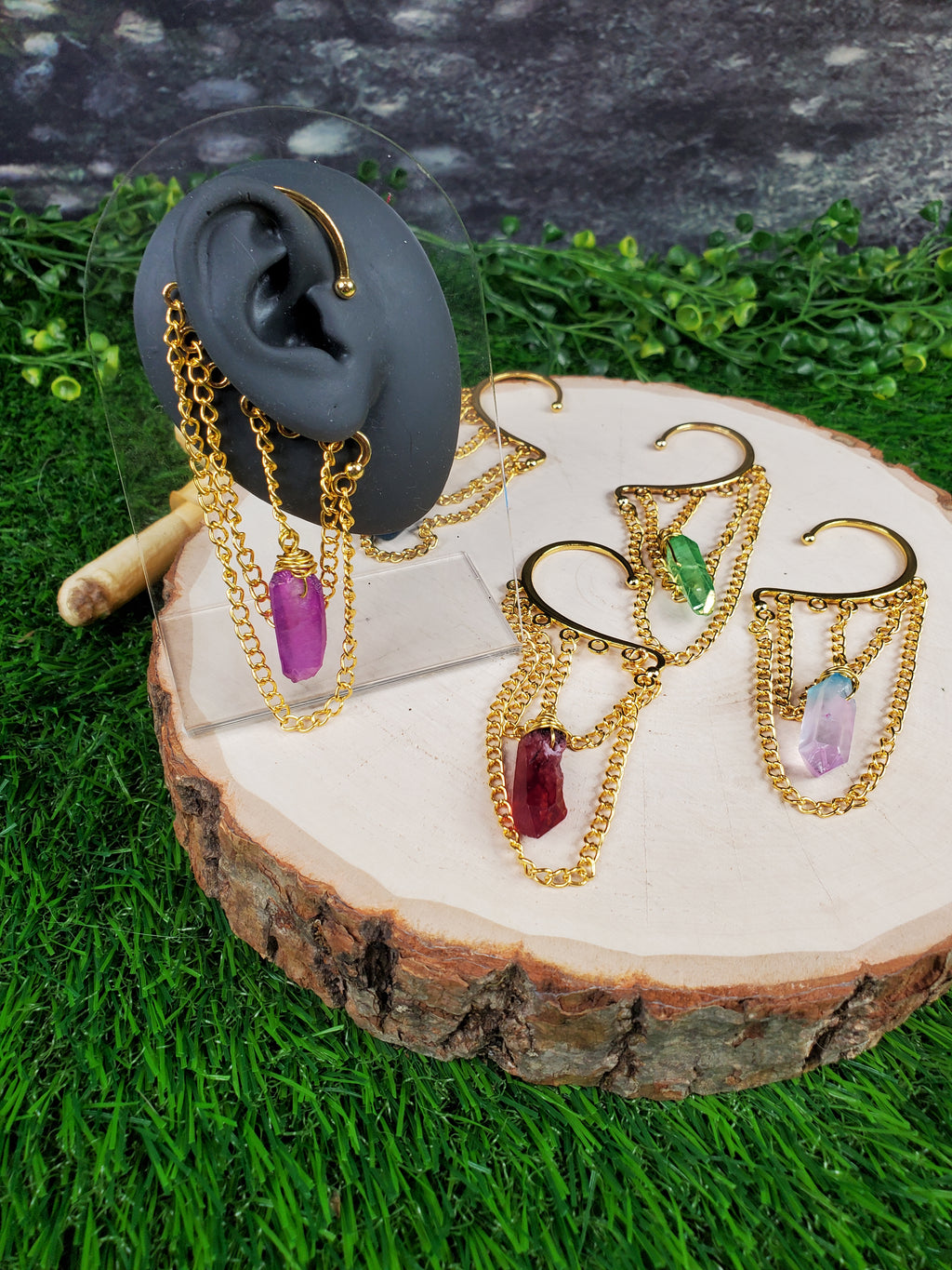 Crystal Point Ear Cuffs -Gold Ear Cuffs - Dangle Chain Earring