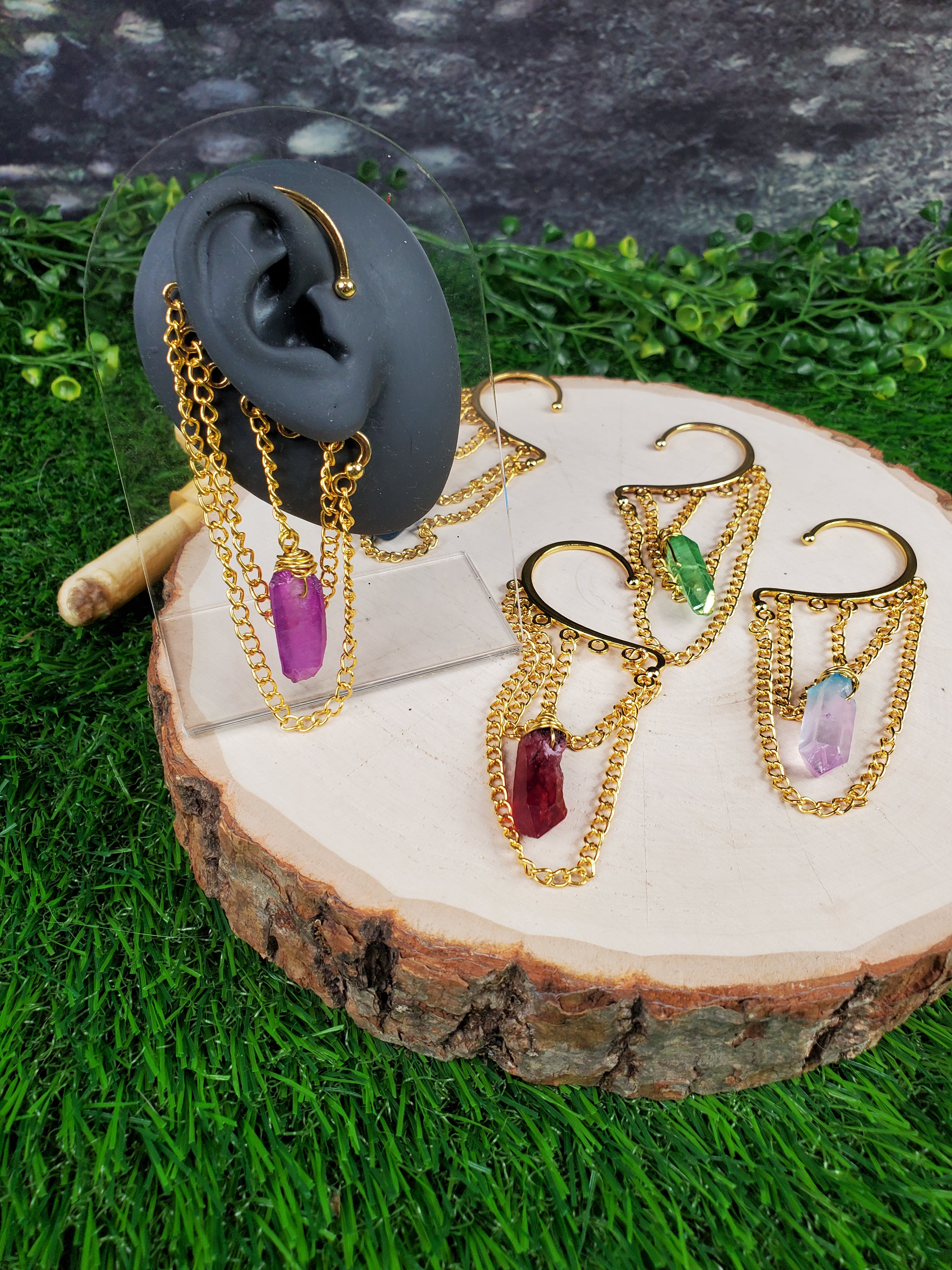 Crystal Point Ear Cuffs -Gold Ear Cuffs - Dangle Chain Earring