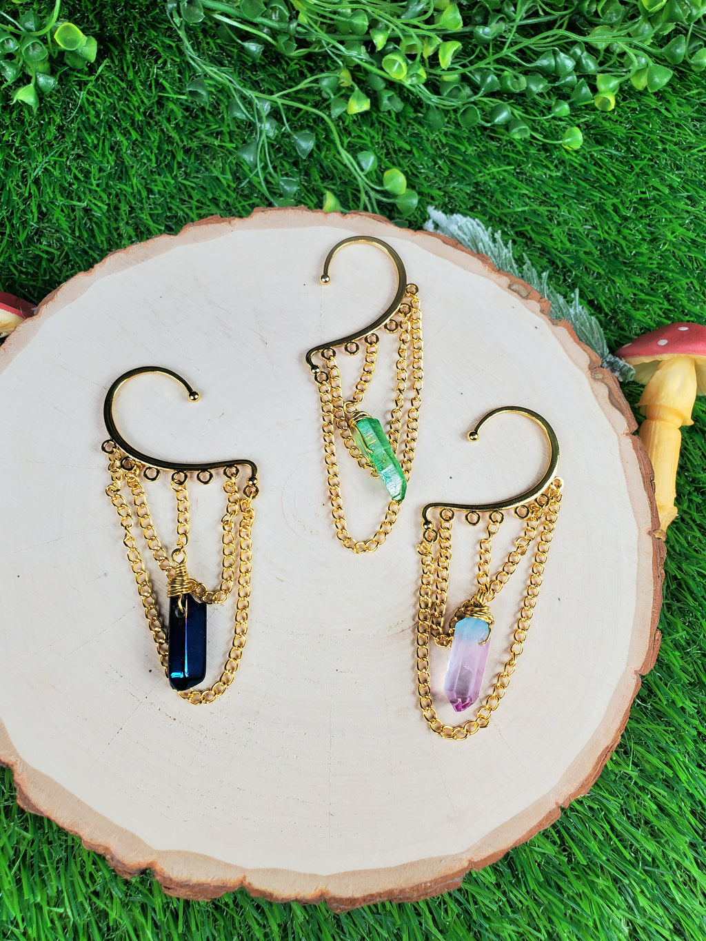 Crystal Point Ear Cuffs -Gold Ear Cuffs - Dangle Chain Earring