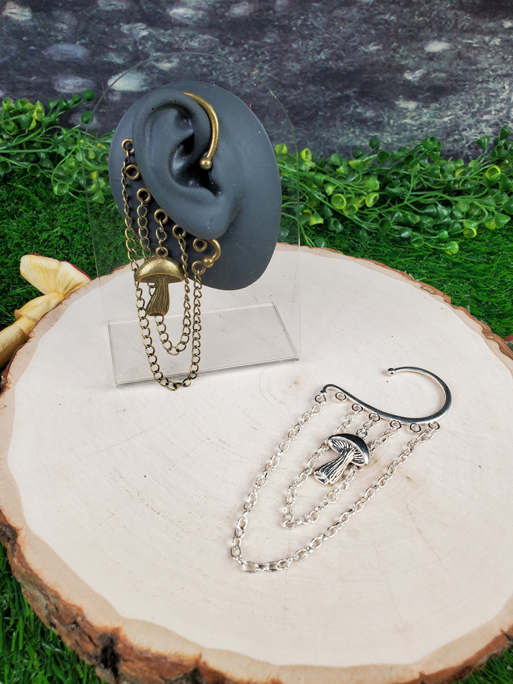Bronze Mushroom Ear Cuff - Dangle Chain Earring