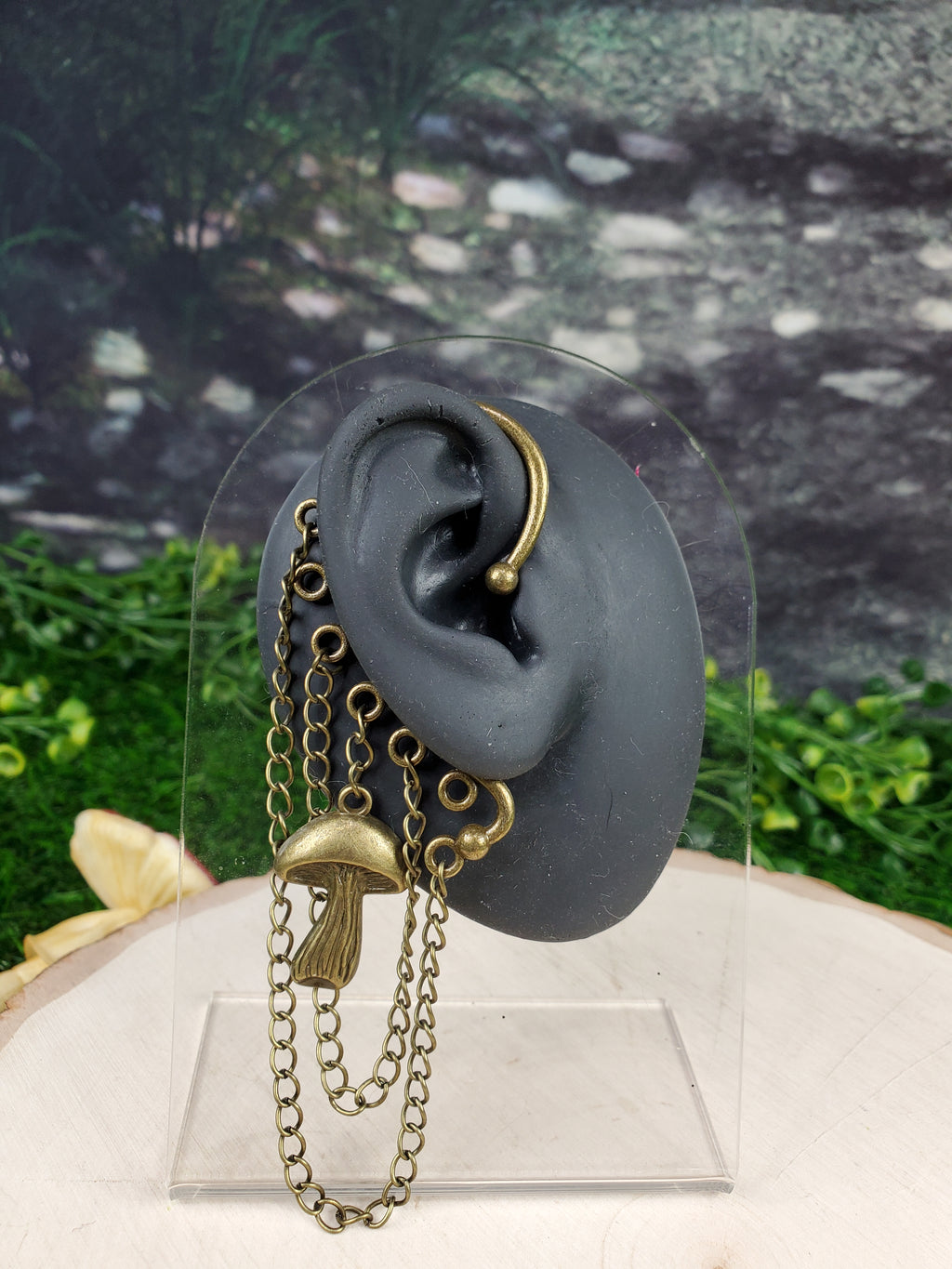 Bronze Mushroom Ear Cuff - Dangle Chain Earring