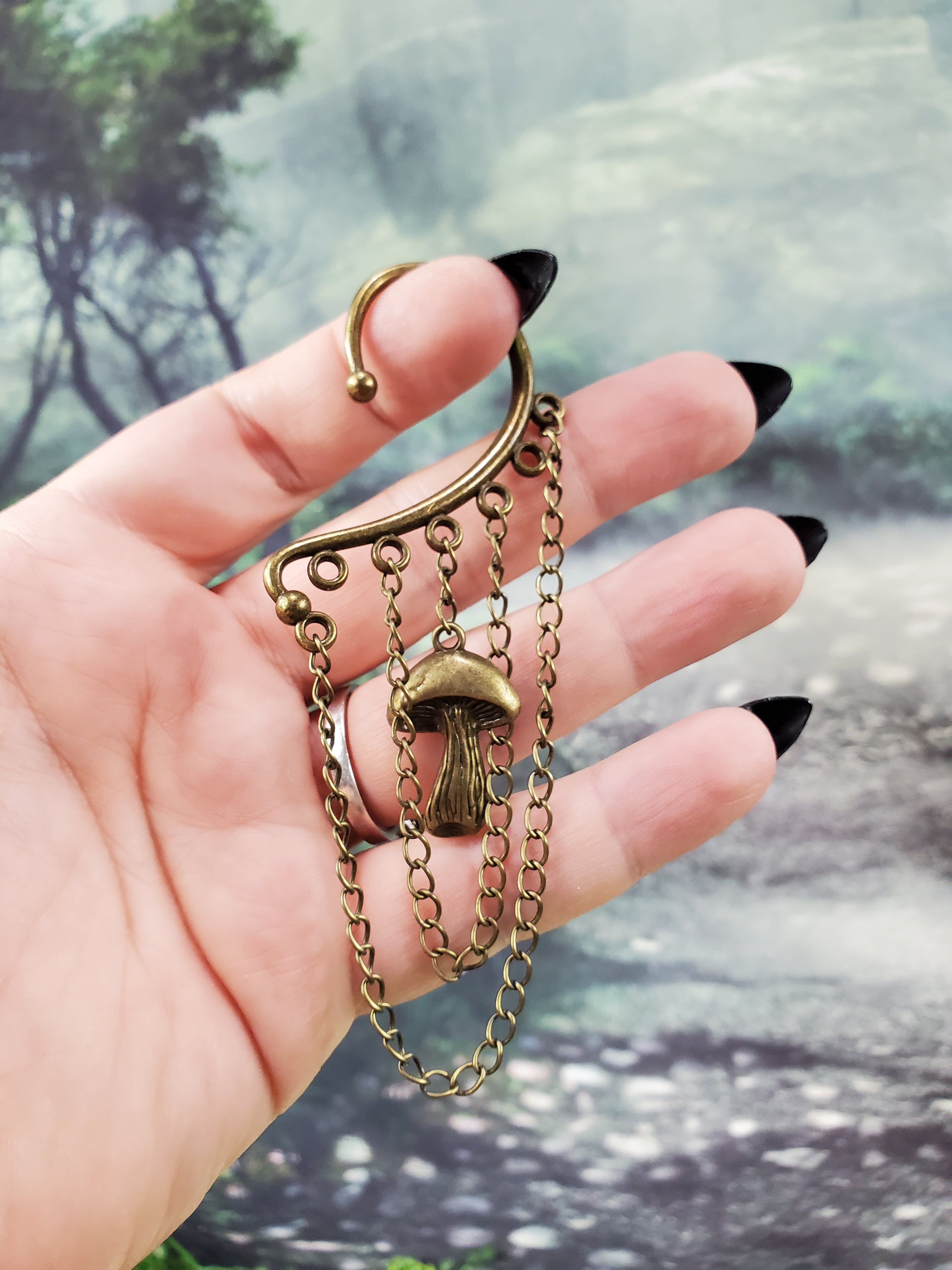 Bronze Mushroom Ear Cuff - Dangle Chain Earring