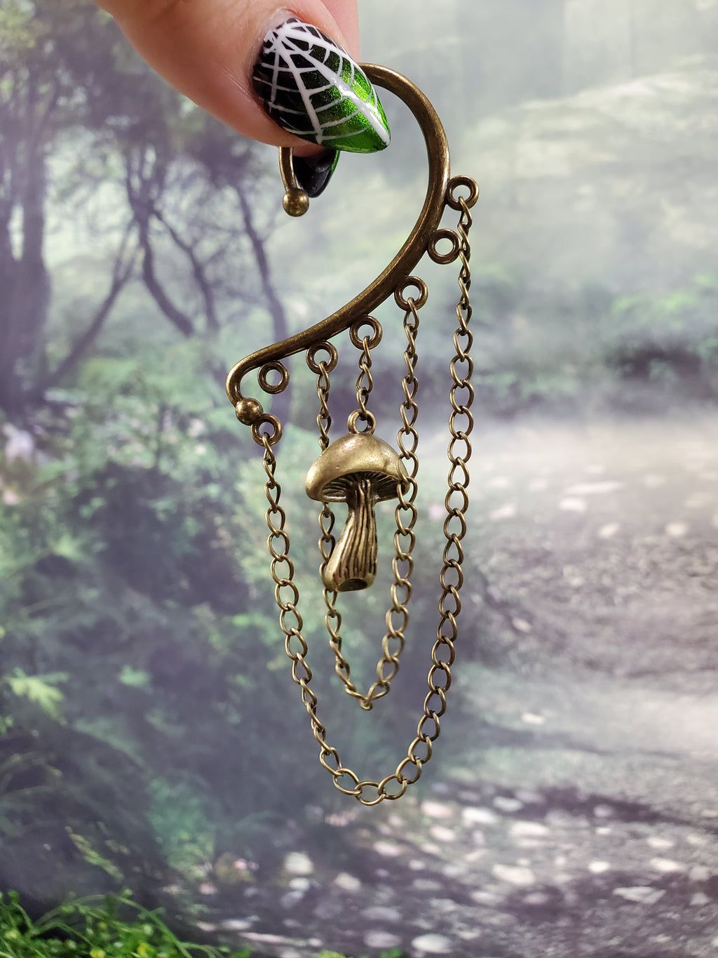 Bronze Mushroom Ear Cuff - Dangle Chain Earring