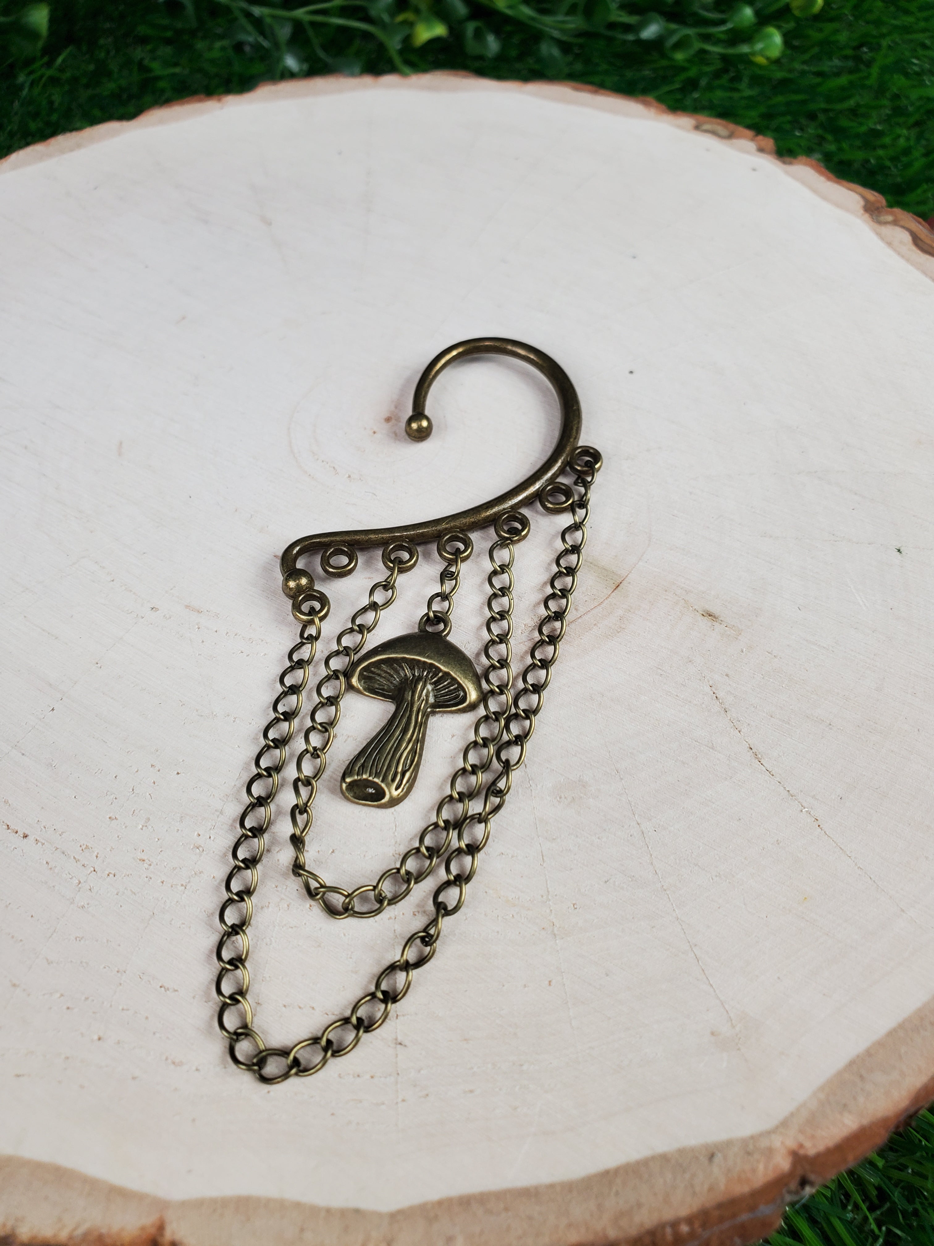Bronze Mushroom Ear Cuff - Dangle Chain Earring