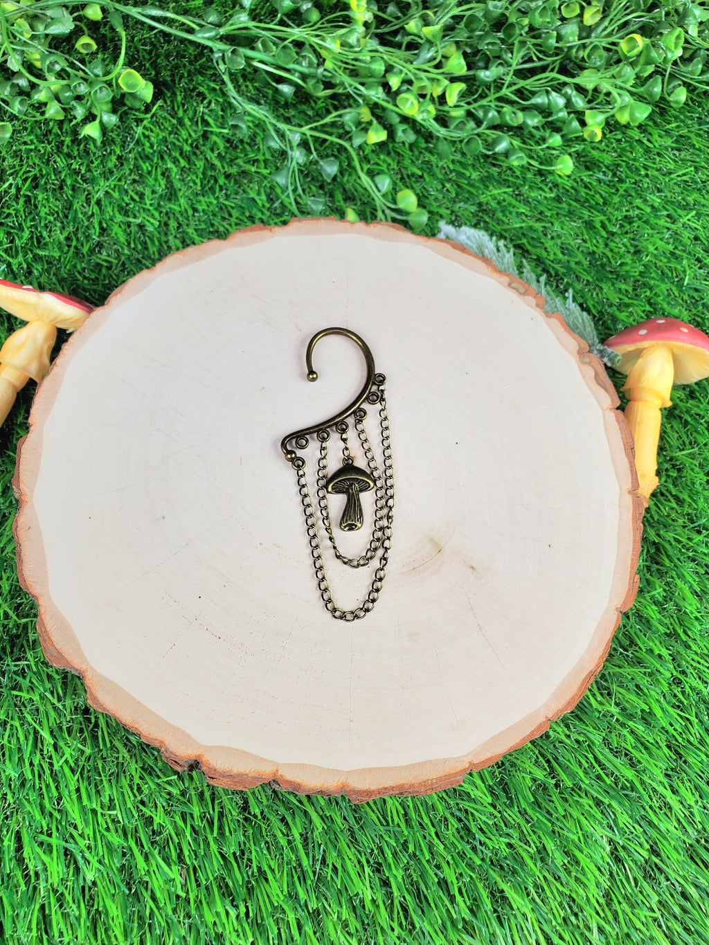 Bronze Mushroom Ear Cuff - Dangle Chain Earring