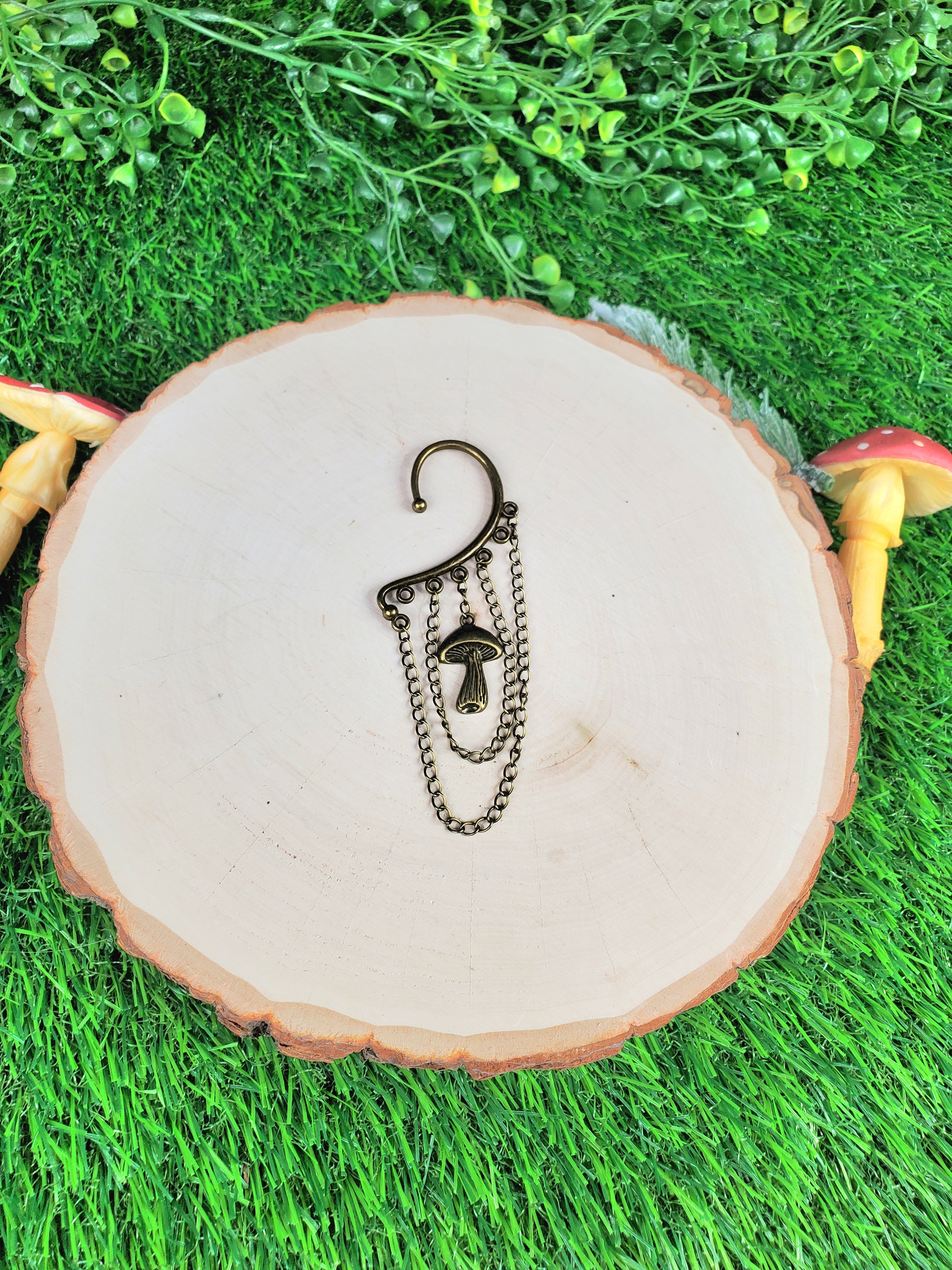 Bronze Mushroom Ear Cuff - Dangle Chain Earring