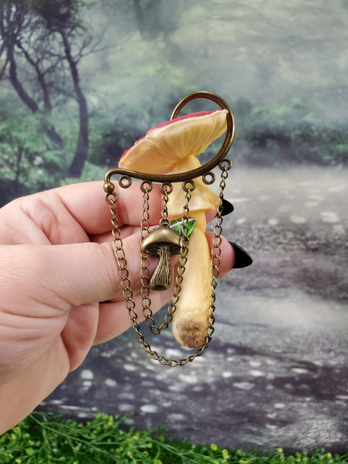 Bronze Mushroom Ear Cuff - Dangle Chain Earring