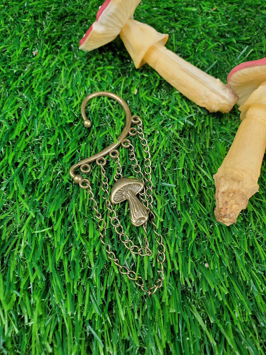 Bronze Mushroom Ear Cuff - Dangle Chain Earring