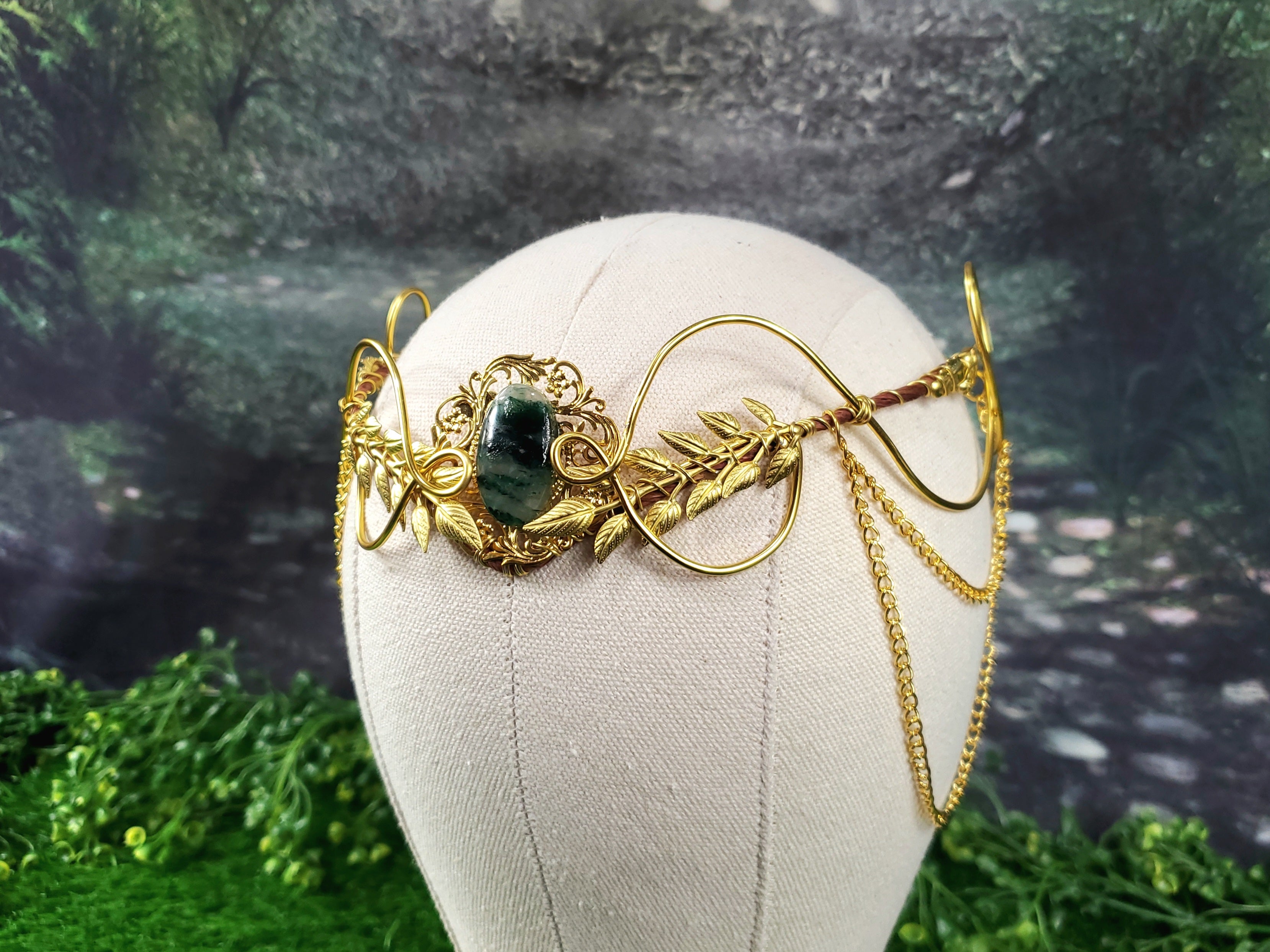 Morwenna in Gold -Moss Agate Filigree Fairy Crown