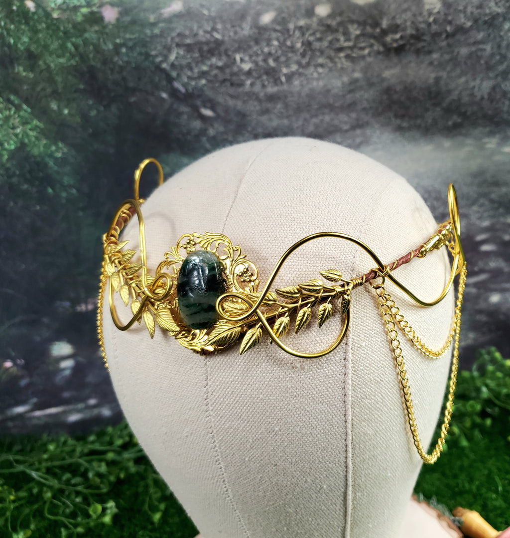 Morwenna in Gold -Moss Agate Filigree Fairy Crown