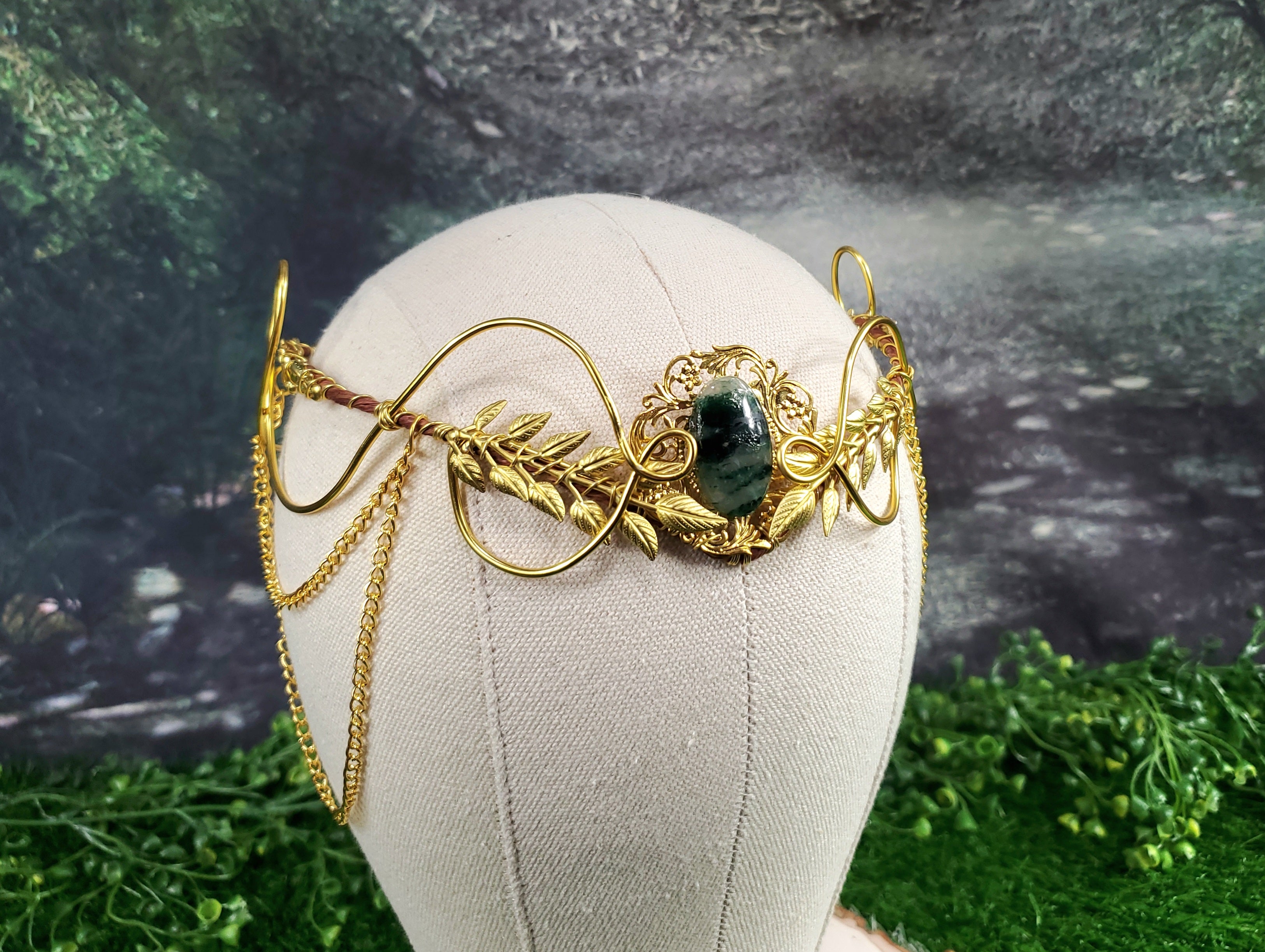 Morwenna in Gold -Moss Agate Filigree Fairy Crown