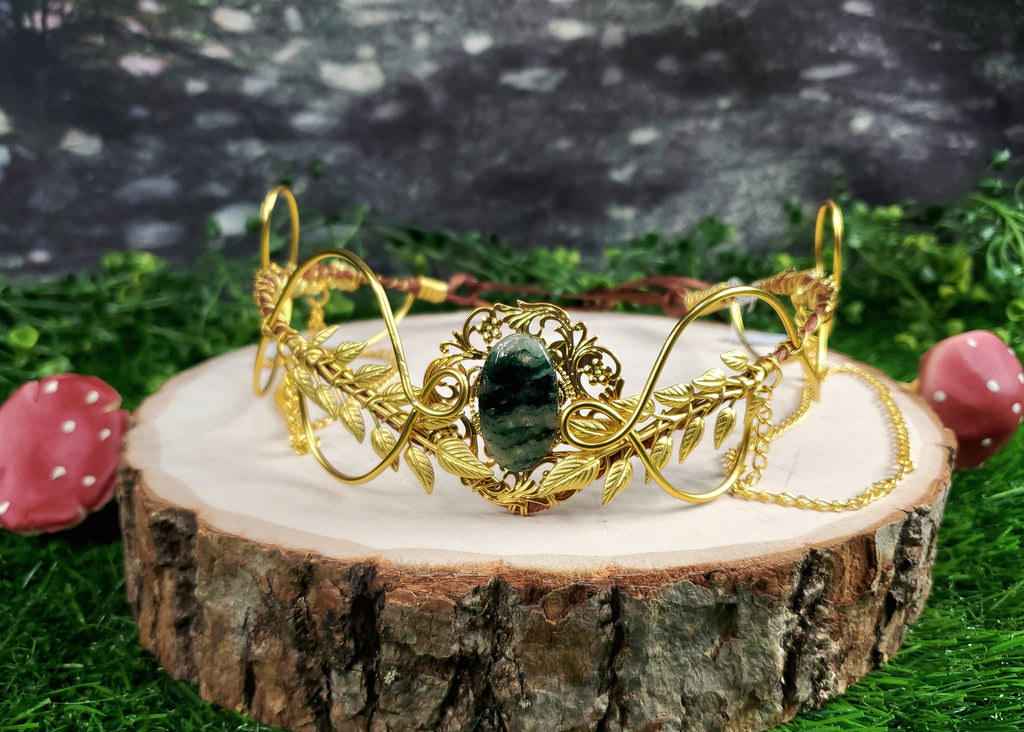Morwenna in Gold -Moss Agate Filigree Fairy Crown