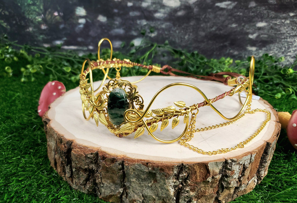 Morwenna in Gold -Moss Agate Filigree Fairy Crown