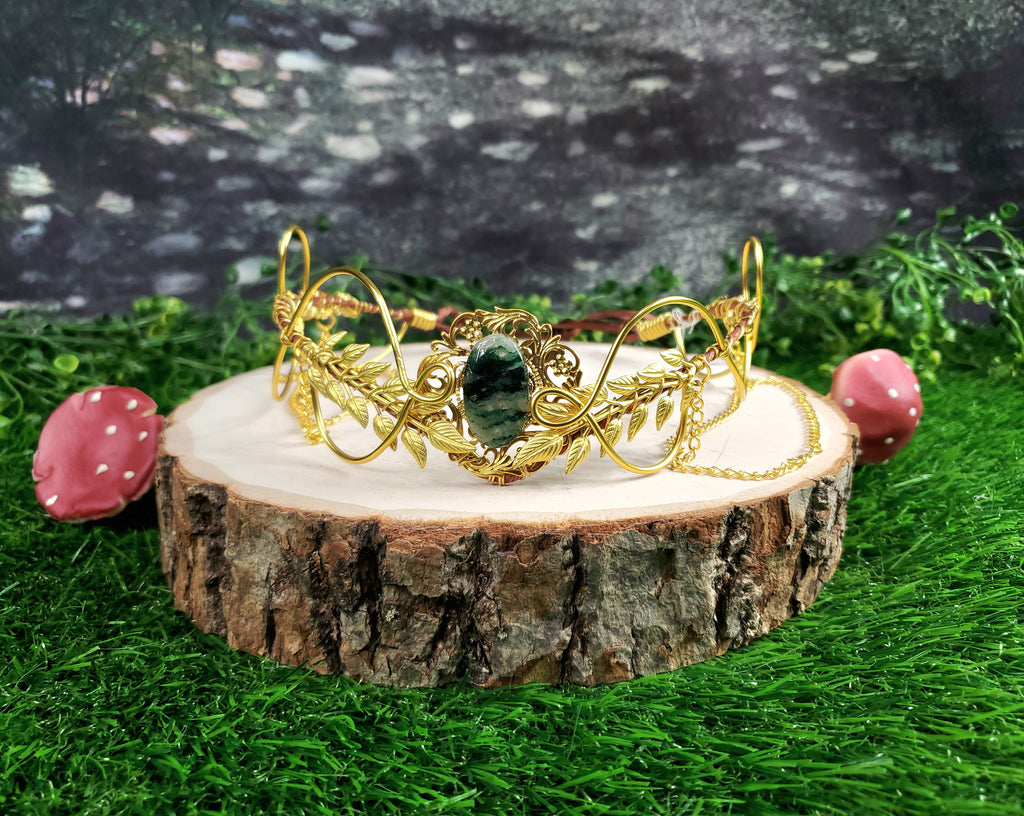 Morwenna in Gold -Moss Agate Filigree Fairy Crown