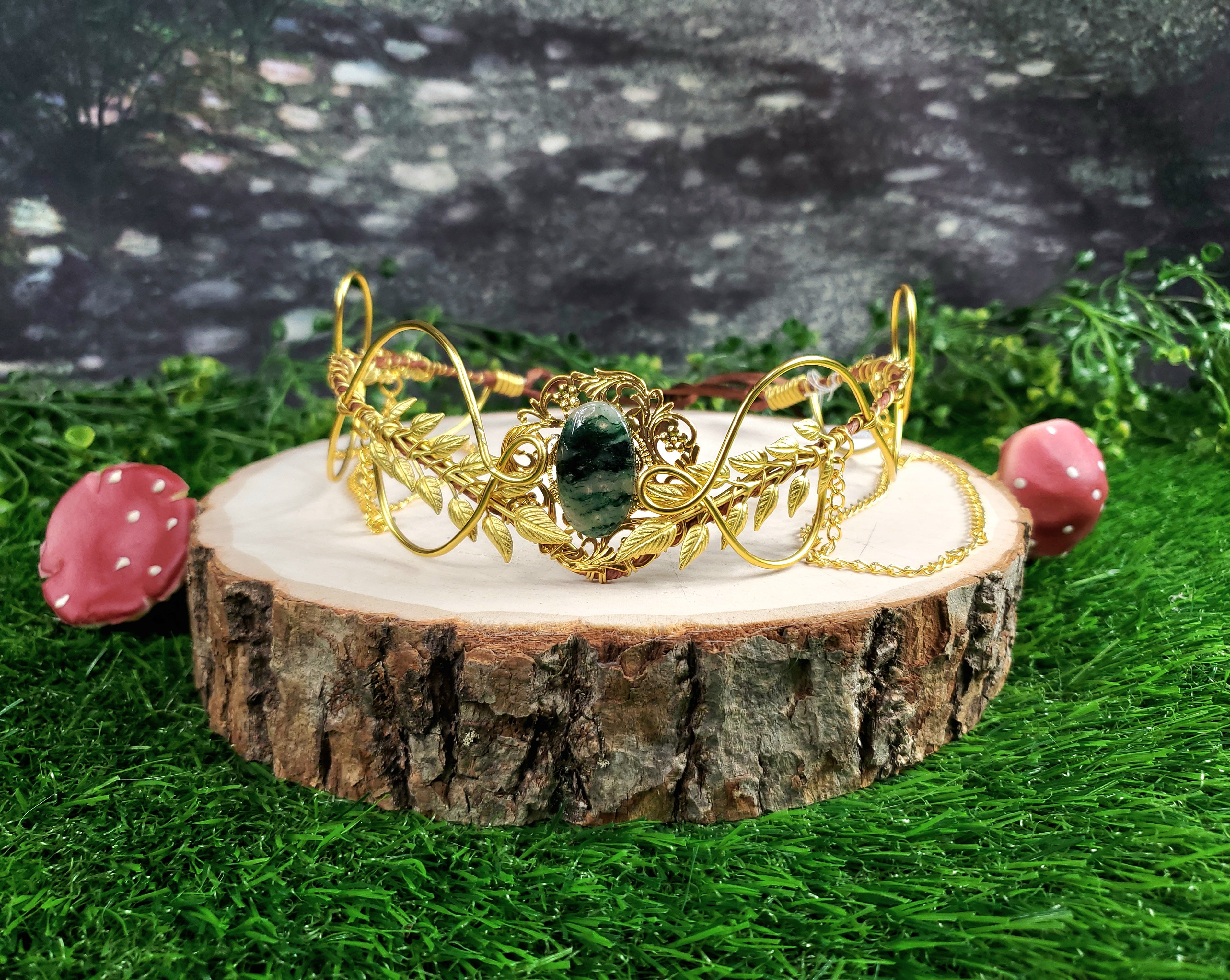 Morwenna in Gold -Moss Agate Filigree Fairy Crown