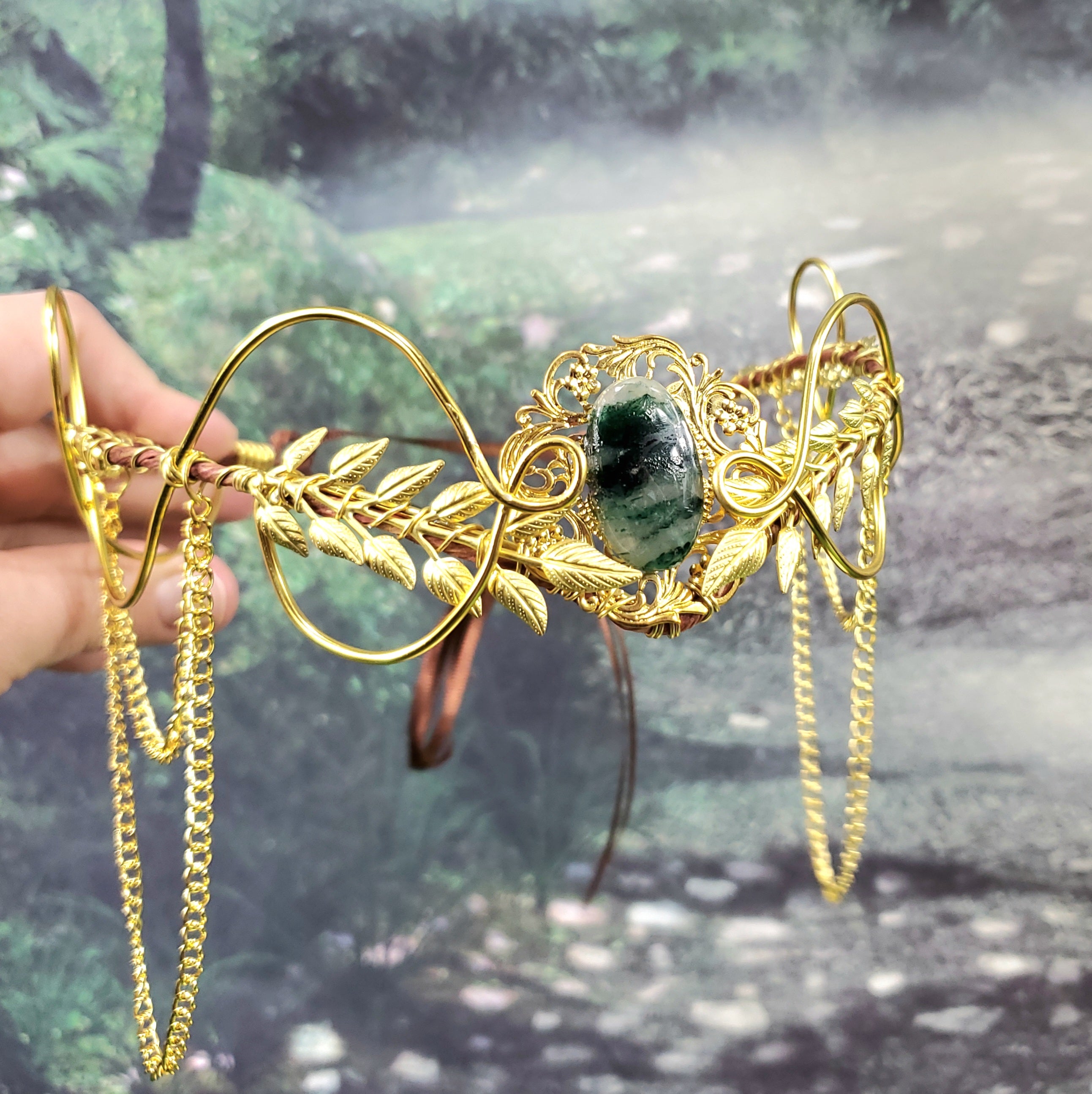Morwenna in Gold -Moss Agate Filigree Fairy Crown