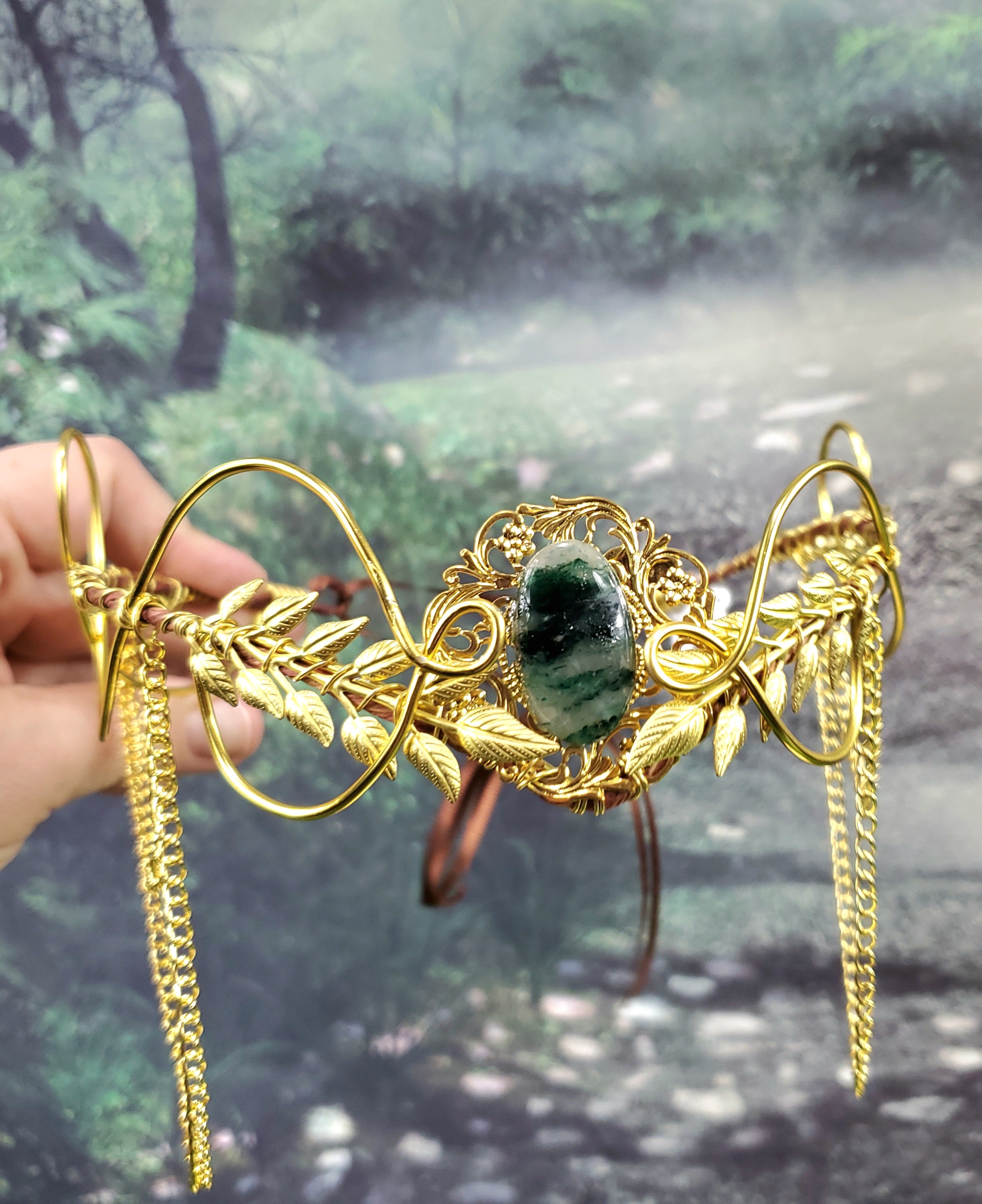 Morwenna in Gold -Moss Agate Filigree Fairy Crown